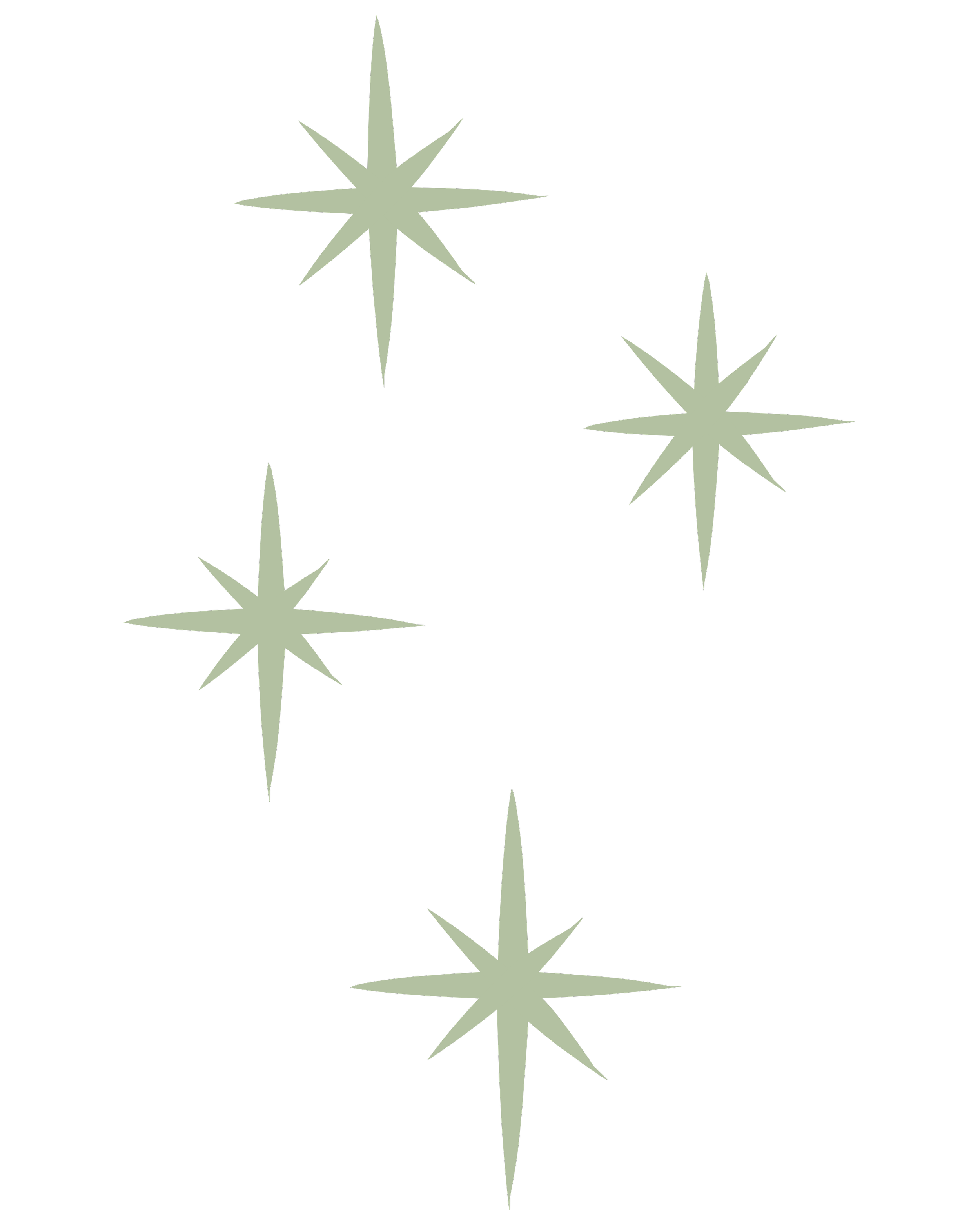 Four silver star-shaped ornaments on a black background.