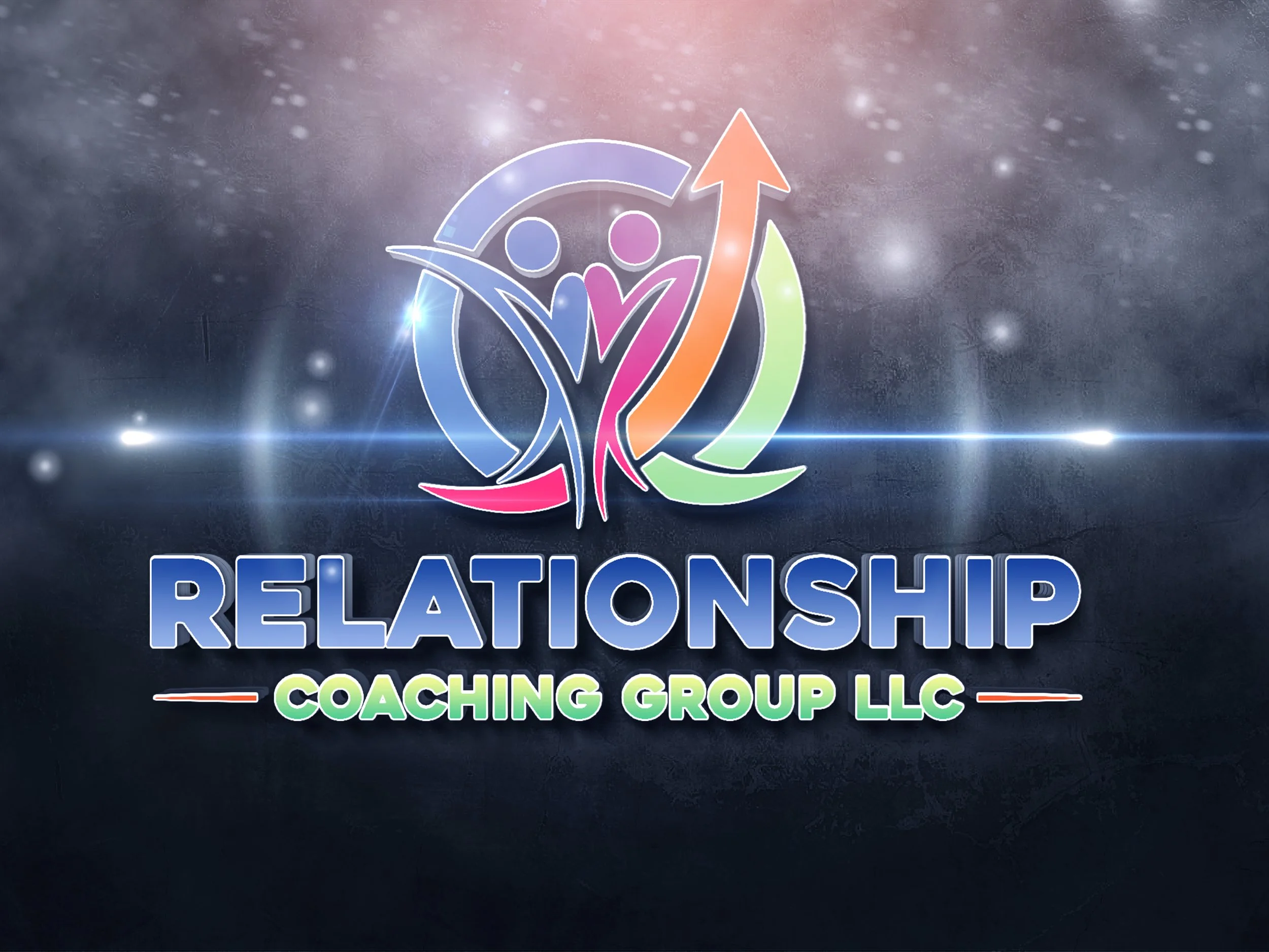Logo for Relationship Coaching Group LLC featuring a stylized graphic of two figures with an upward arrow, with the words 'RELATIONSHIP' in large blue font and 'COACHING GROUP LLC' in smaller green font underneath
