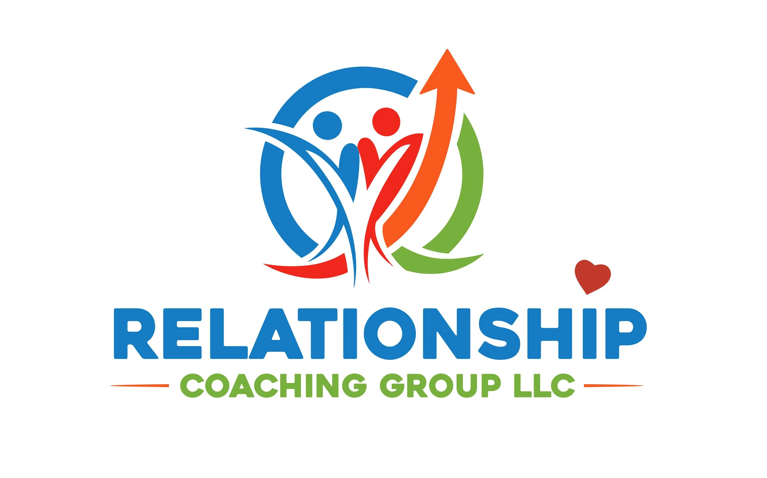 Logo for Relationship Coaching Group LLC featuring two stylized human figures in blue, red, and green, with arrows and a small red heart, and the text 'RELATIONSHIP COACHING GROUP LLC' in bold blue and green letters.