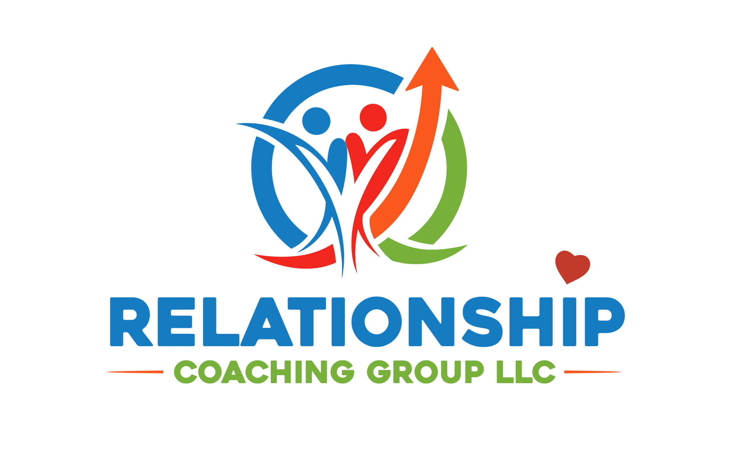 Logo for Relationship Coaching Group LLC featuring two abstract human figures, one in blue and one in red, surrounded by colored arrows forming a circle, with a red heart symbol. Text includes 'RELATIONSHIP' in blue and 'COACHING GROUP LLC' in green.
