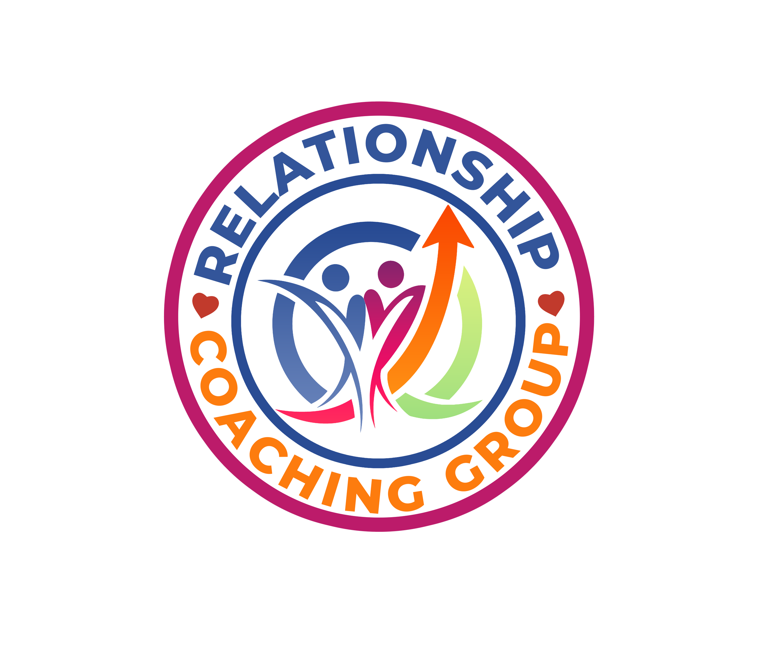 Logo of the Relationship Coaching Group, featuring stylized abstract figures and arrows, with the words "Relationship Coaching Group" encircling the design.