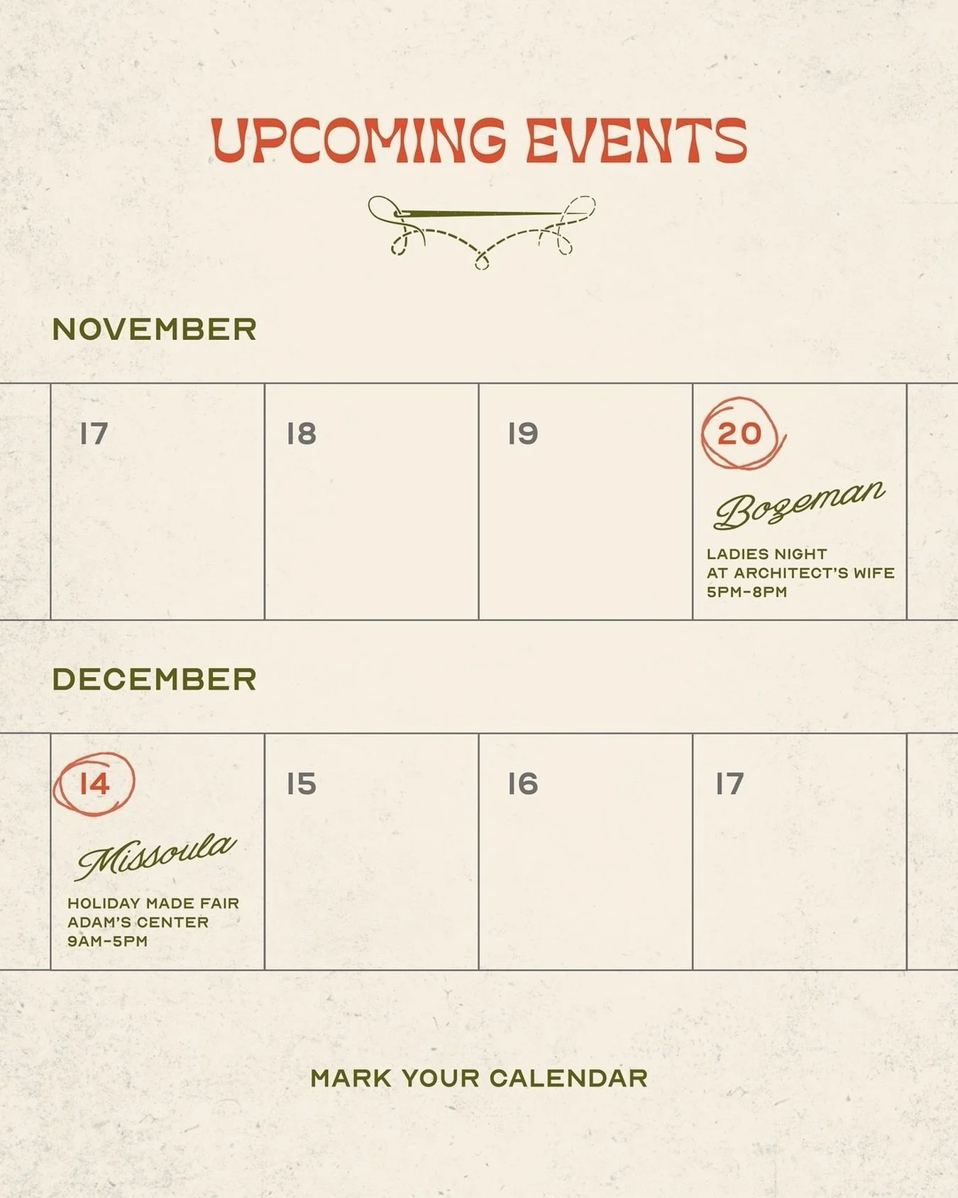 I&rsquo;ll be part of a few special events this season! Perfect opportunities to connect, explore new work, and shop local.
⠀⠀⠀⠀⠀⠀⠀⠀⠀
Ladies&rsquo; Night at The Architect&rsquo;s Wife
Bites, bubbles and storewide sales.
📍 Architect&rsquo;s Wife in B