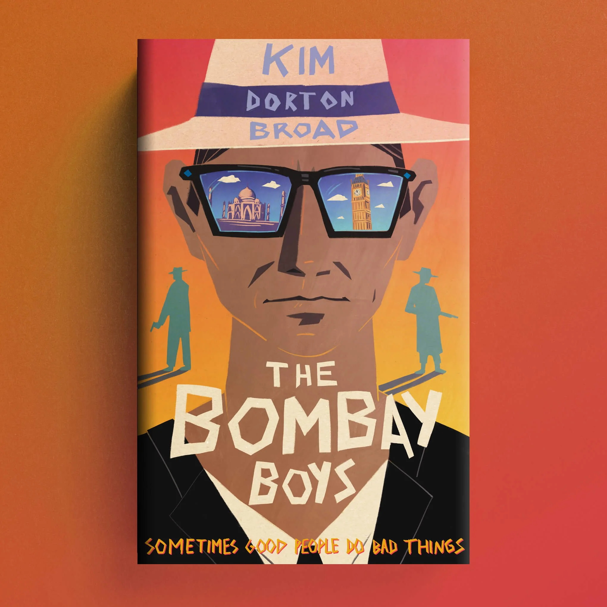 Cover for The Bombay Boys with a stylised man in sunglasses reflecting the Taj Mahal and Big Ben