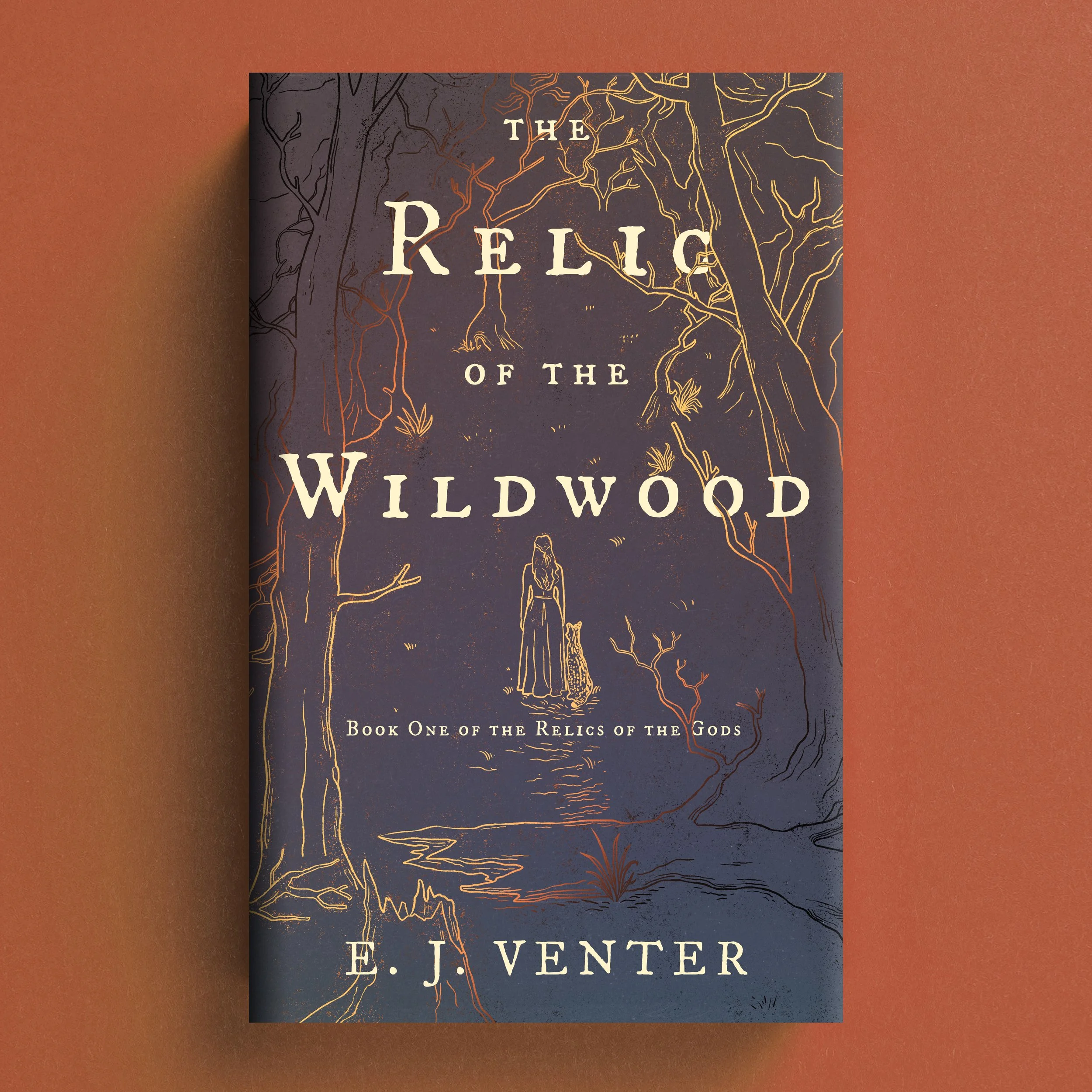Cover for The Relic of the Wildwood with fine gold line art of a dark forest and lone figure