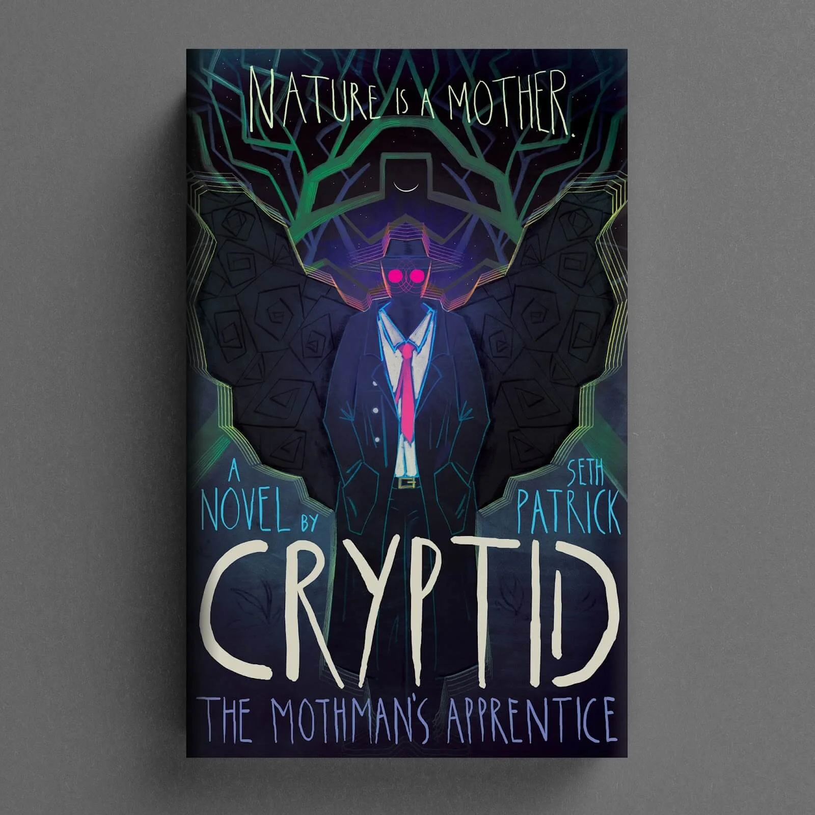 Cover for Cryptid: The Mothman's Apprentice with a suited Mothman figure, glowing pink eyes and large black wings