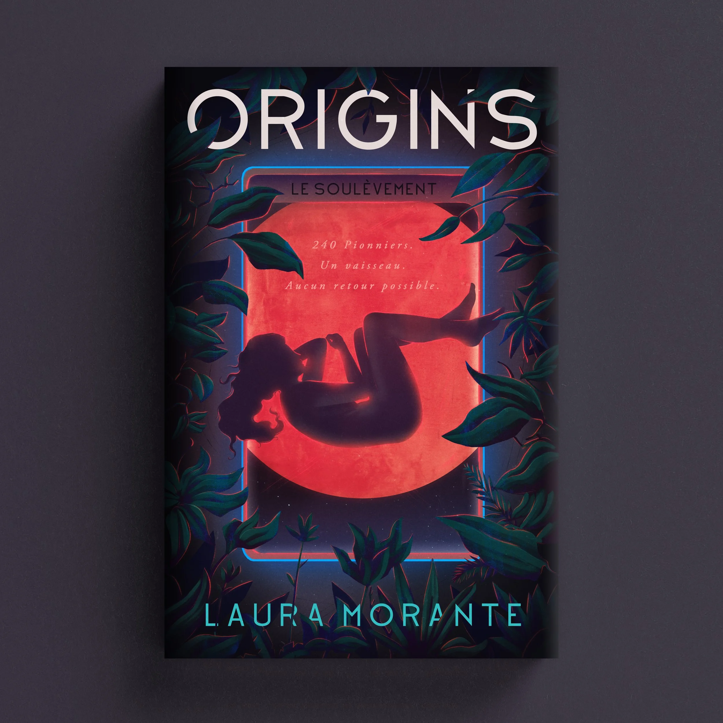 Cover for Origins: Le Soulèvement with a curled human silhouette against a red mars framed by dark foliage