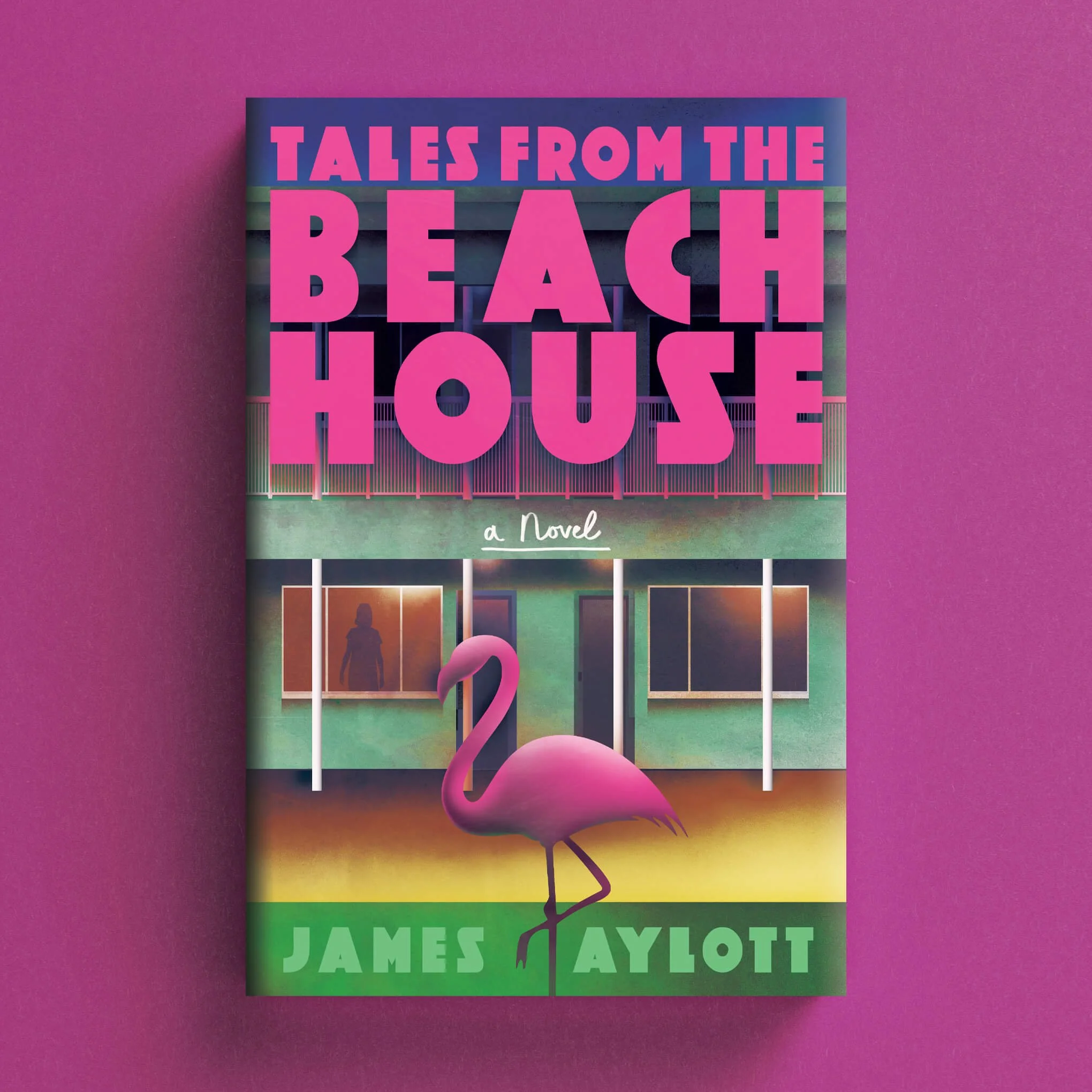 Cover for Tales from the Beach House with a pink flamingo outside a colourful beach house