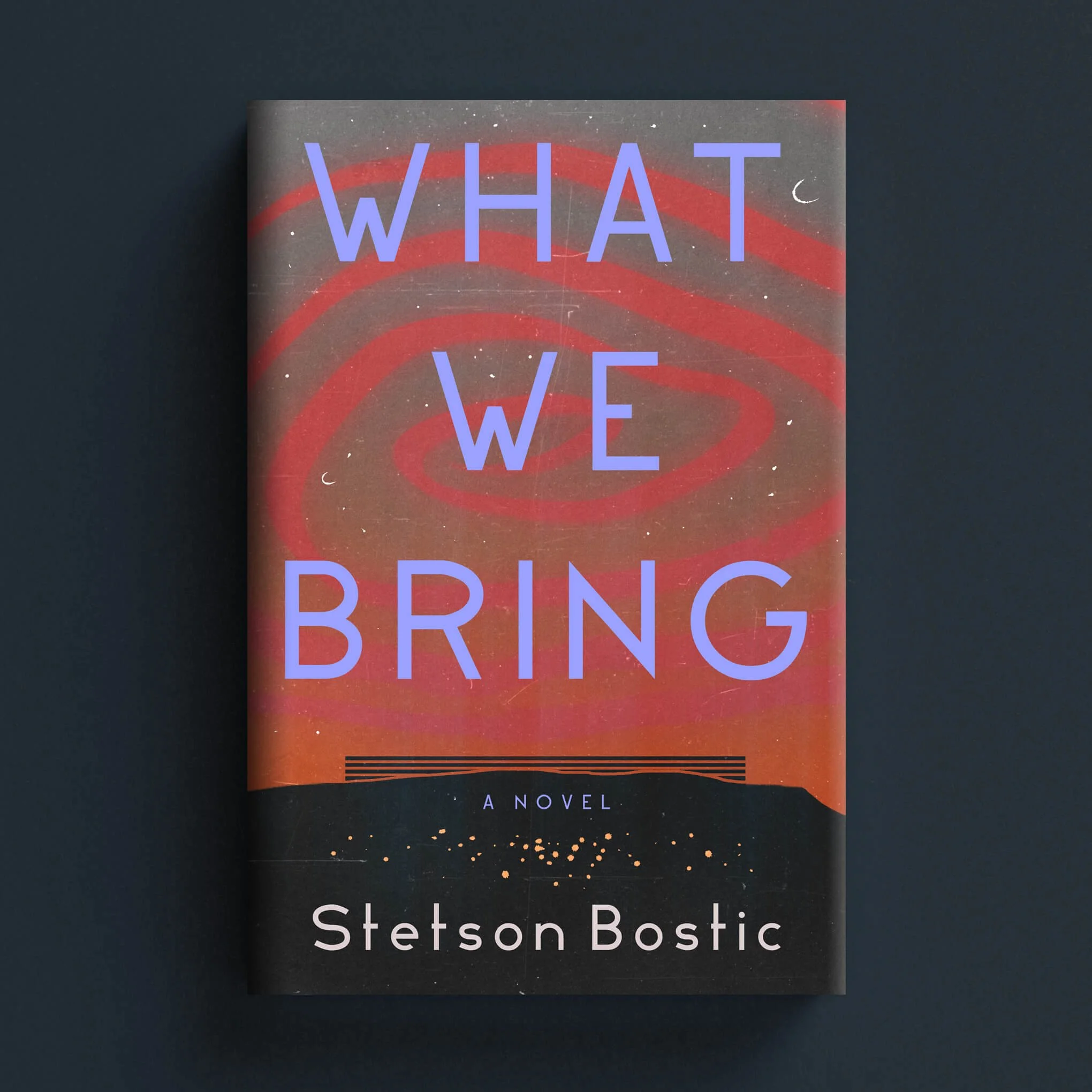 Cover for What We Bring with a red concentric spiral and large lavender typography