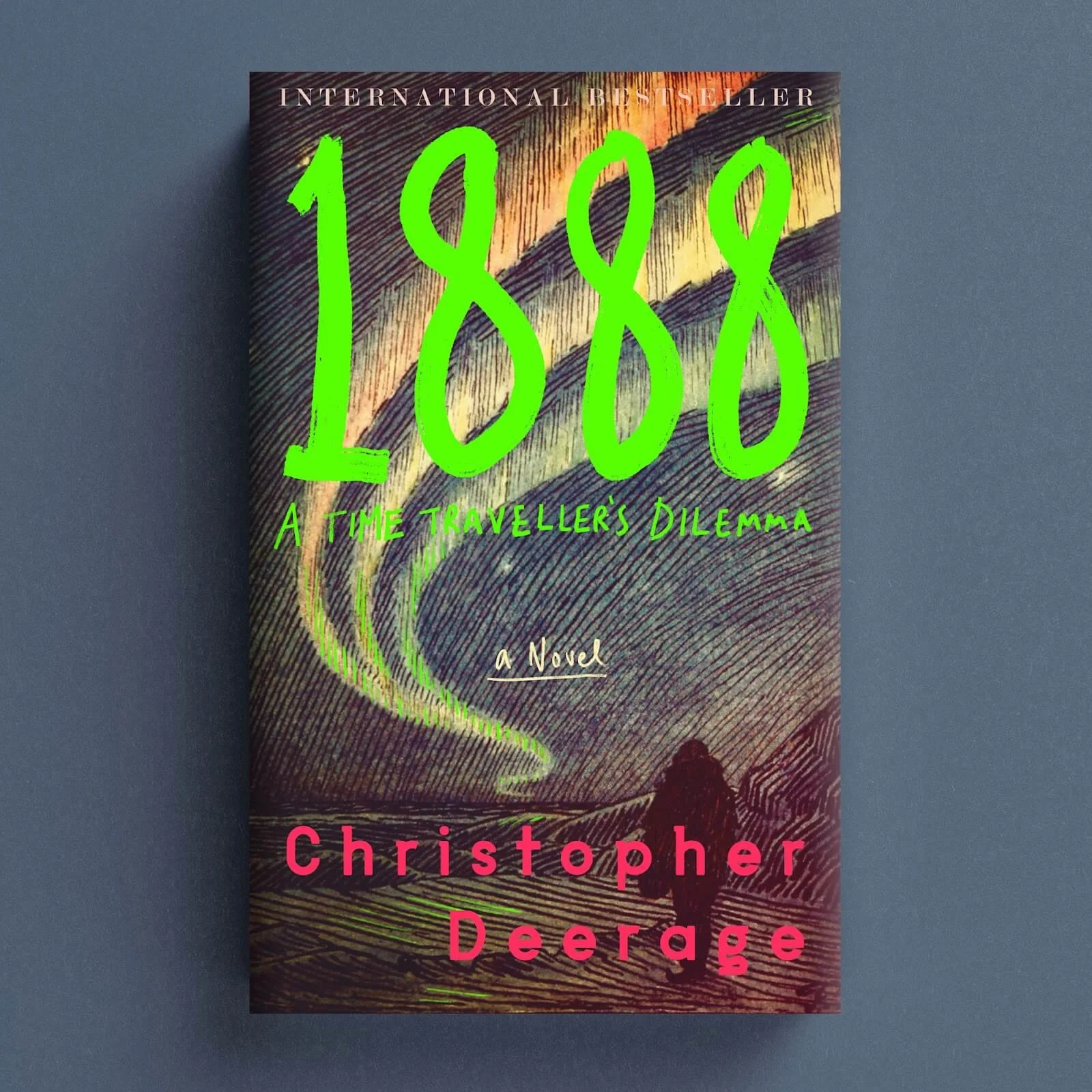 Cover for 1888: A Time Traveller's Dilemma with an etched dark landscape, lone figure and neon green typography