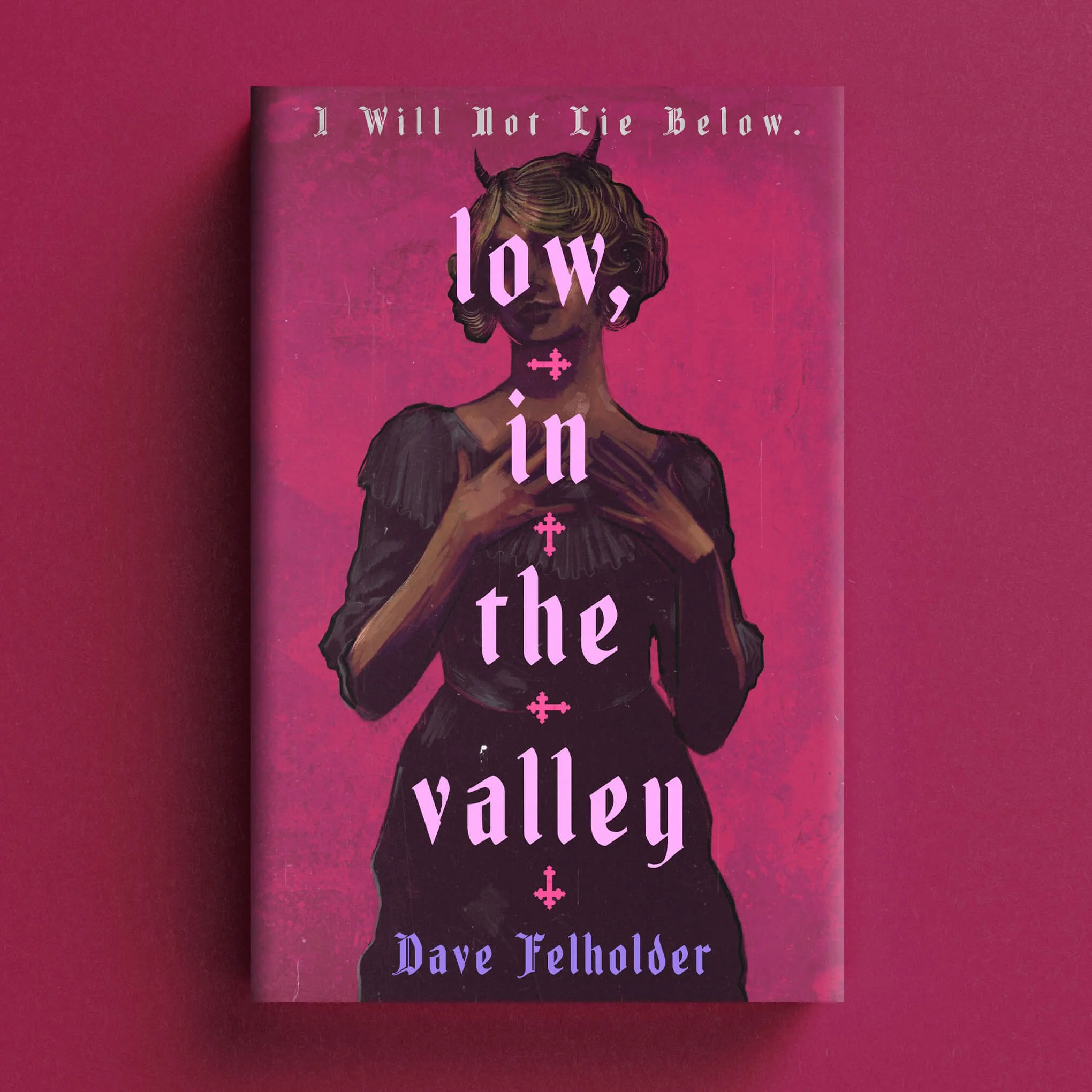 Cover for Low, in the Valley with an illustrated woman in a black dress against vivid pink