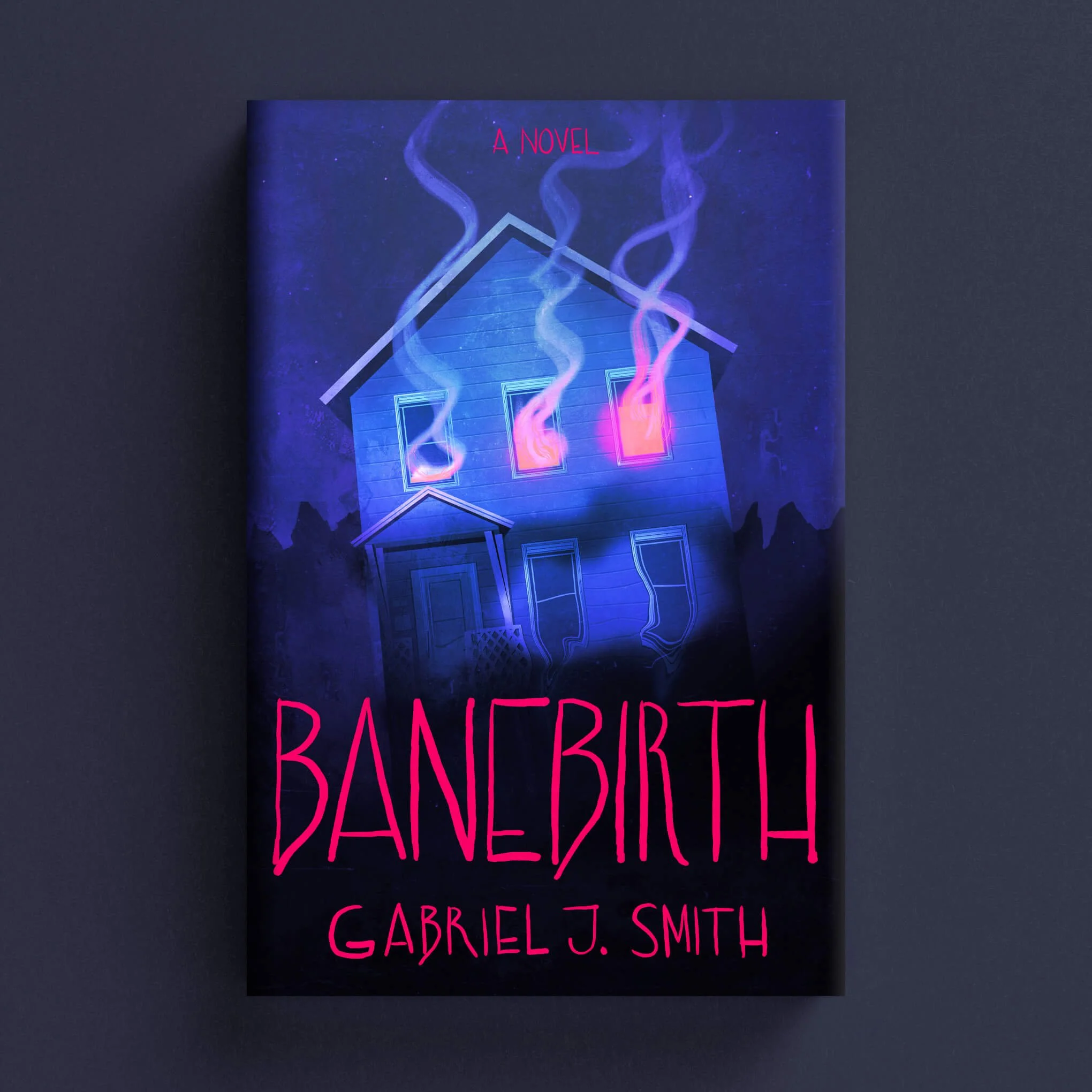 Cover for Banebirth with a crooked blue house and neon pink flames and smoke