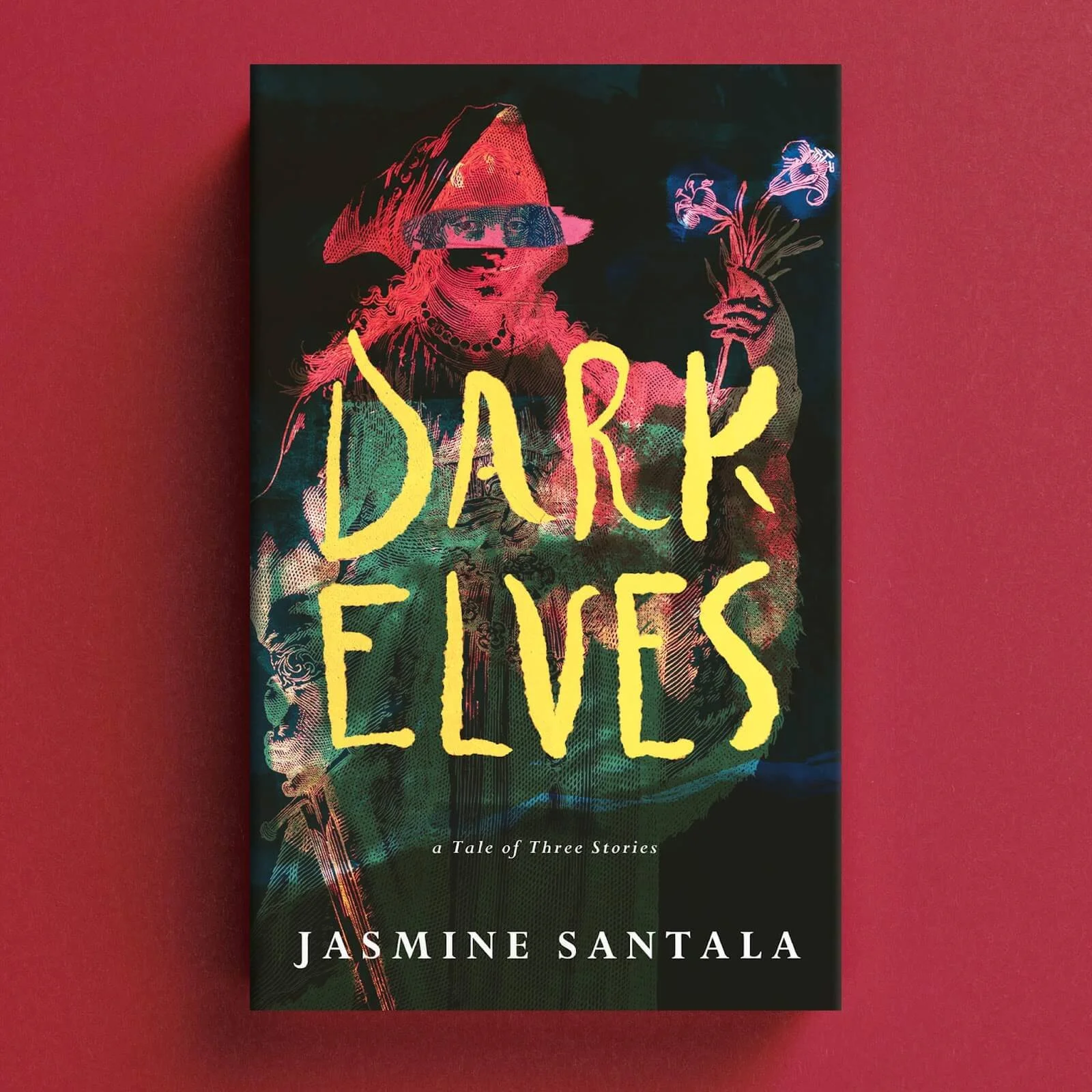 Cover for Dark Elves with a masked medieval figure holding flowers against a black background