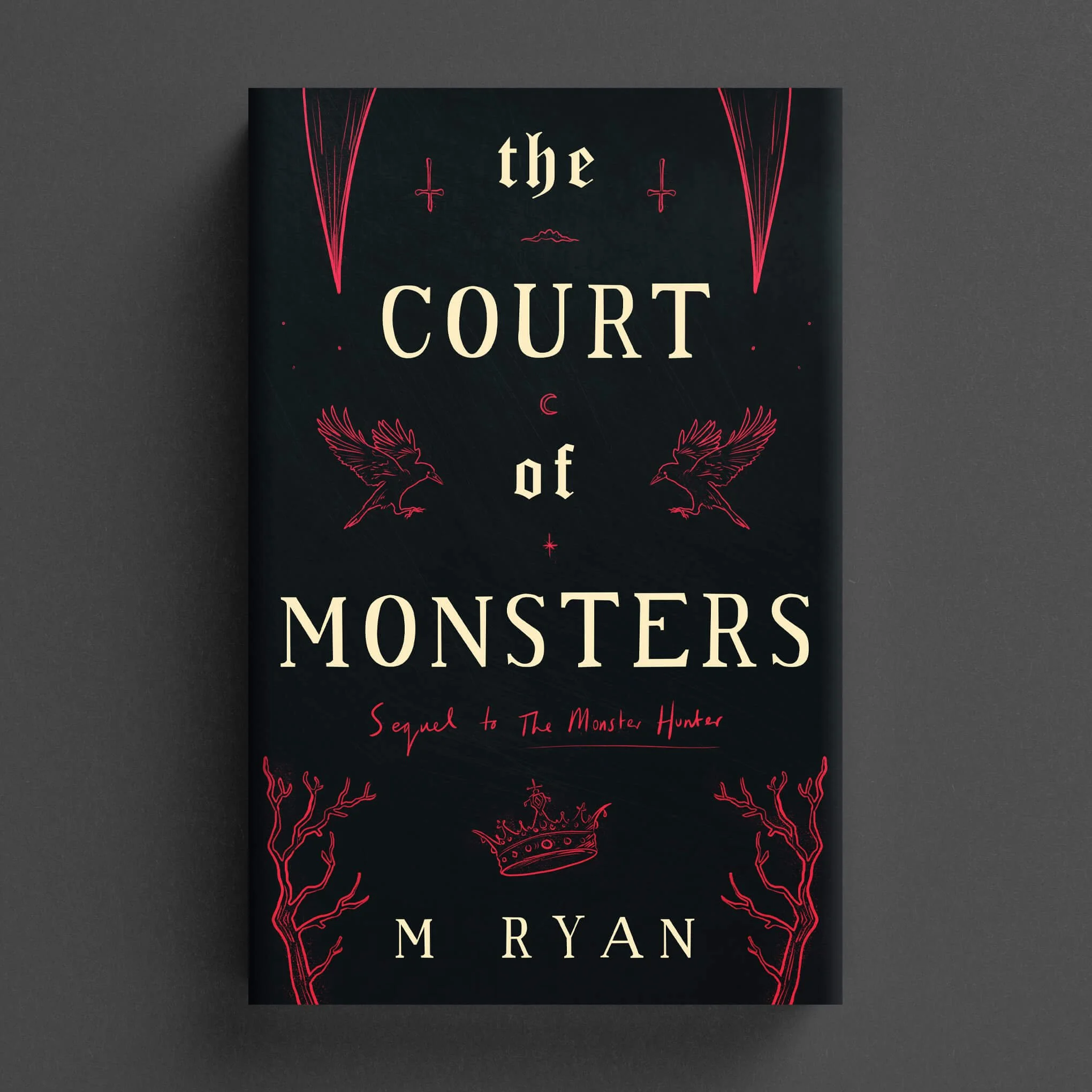Cover for The Court of Monsters with red line-art ravens, branches and crown on black