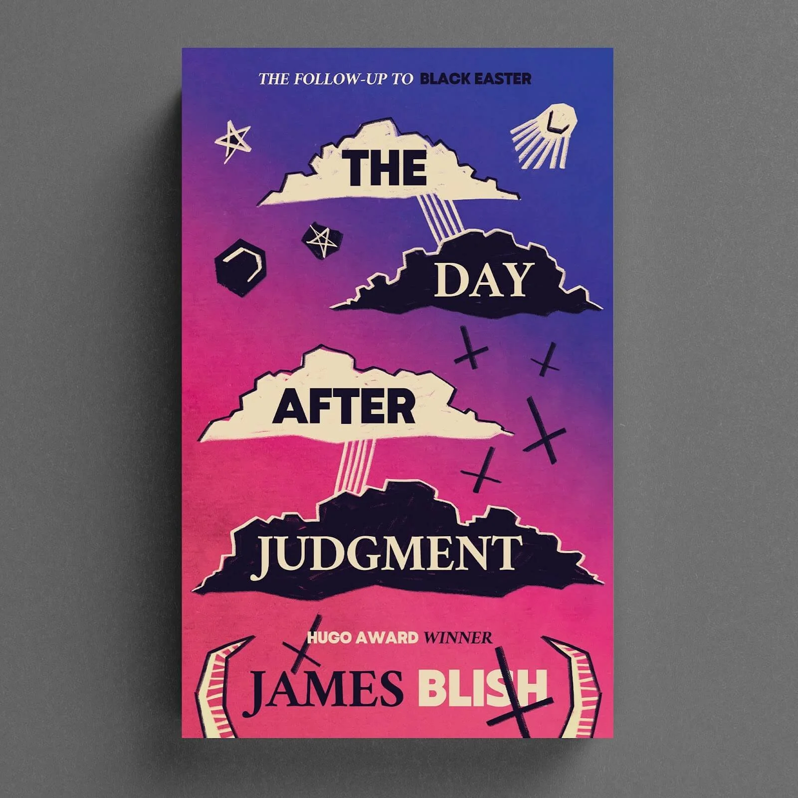 Cover for The Day After Judgment with graphic clouds, crosses and symbols in pink and purple