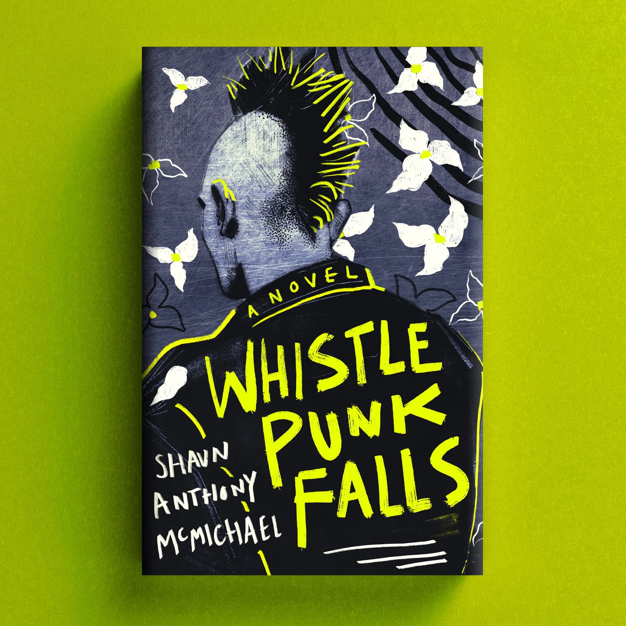 Cover for Whistle Punk Falls with a punk figure, yellow mohawk and white flowers