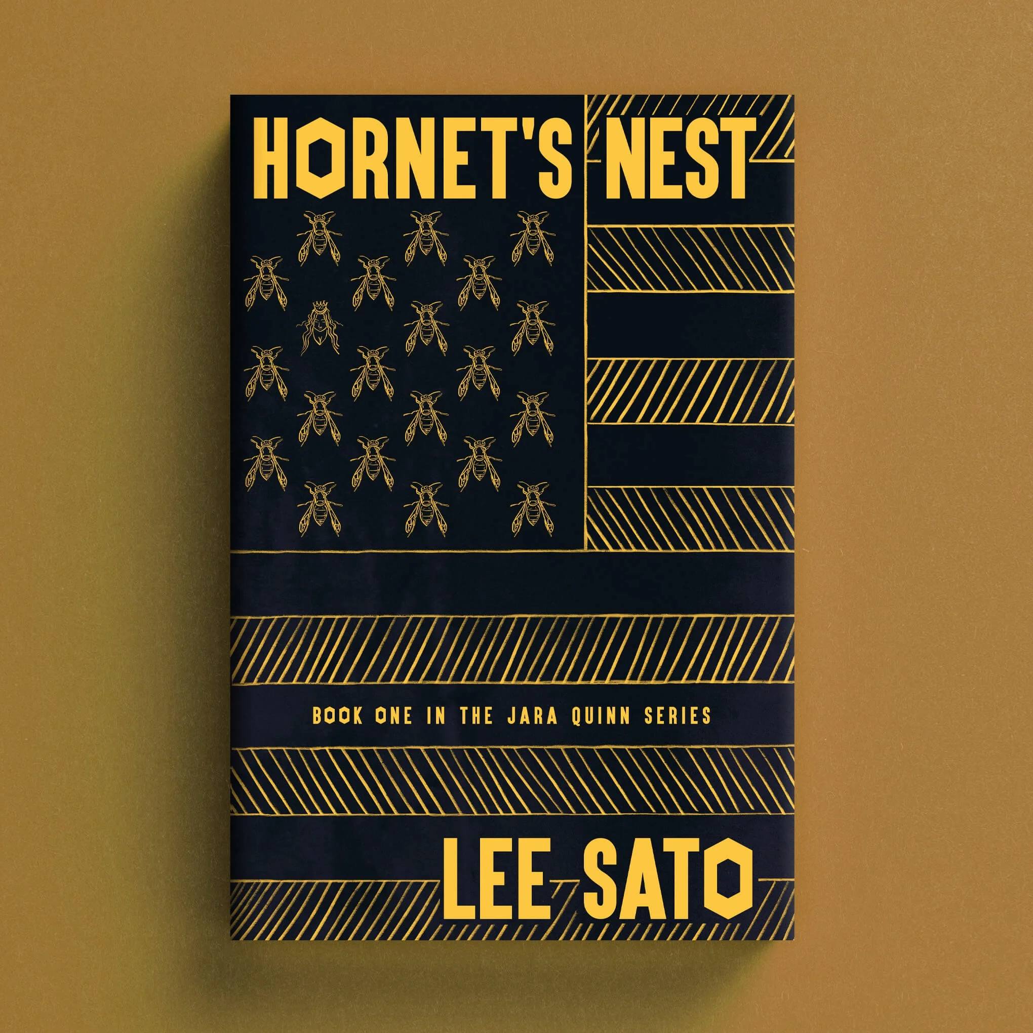 Cover for Hornet's Nest with hornet illustrations arranged in a black-and-yellow flag design