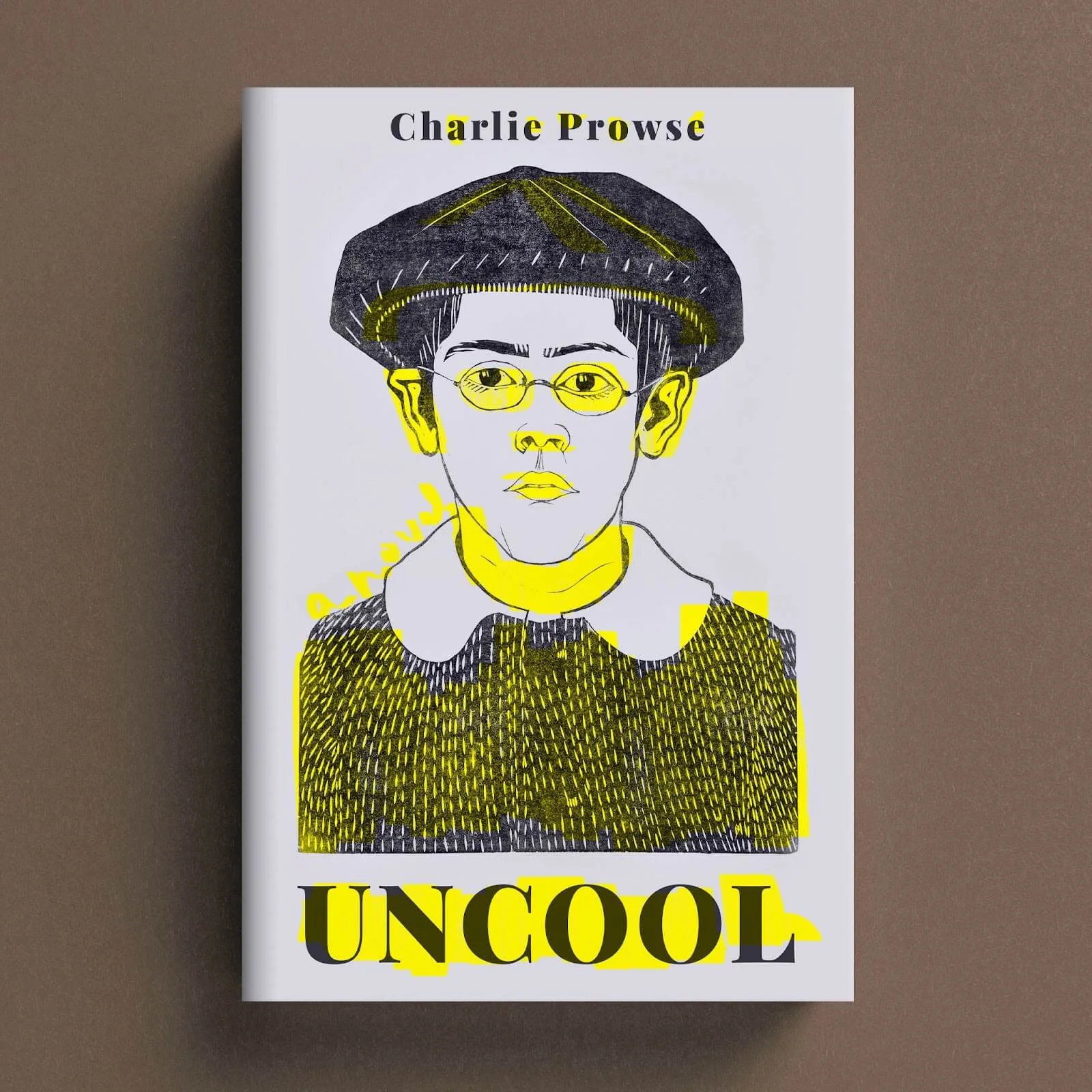 Cover for Uncool with a hand-drawn portrait in a beret and glasses with yellow accents