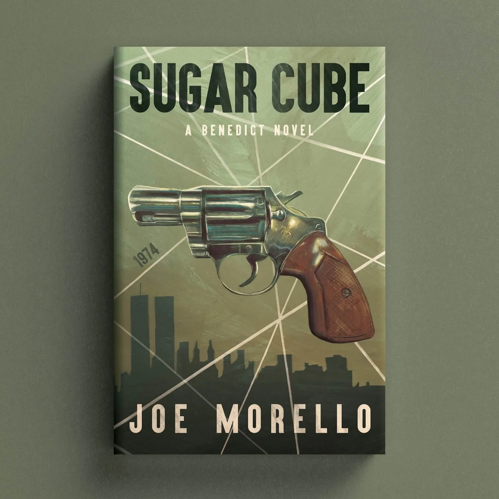 Cover for Sugar Cube with an illustrated revolver above a dark city skyline