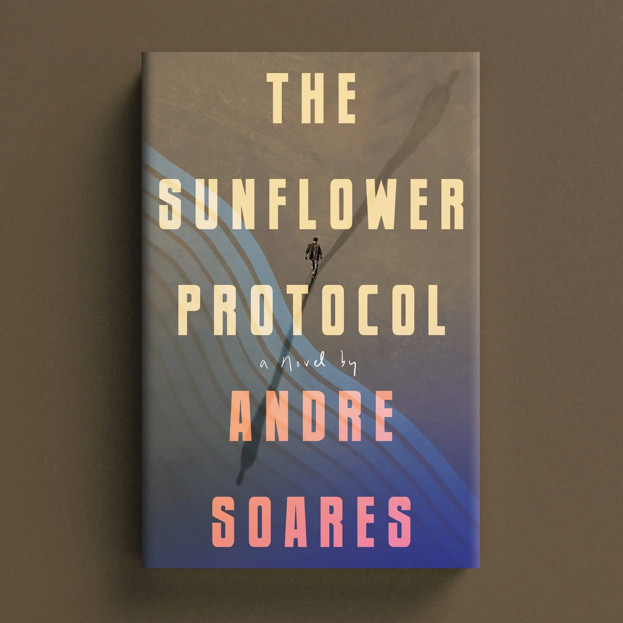 Cover for The Sunflower Protocol with a tiny walking figure beneath sweeping blue shadows