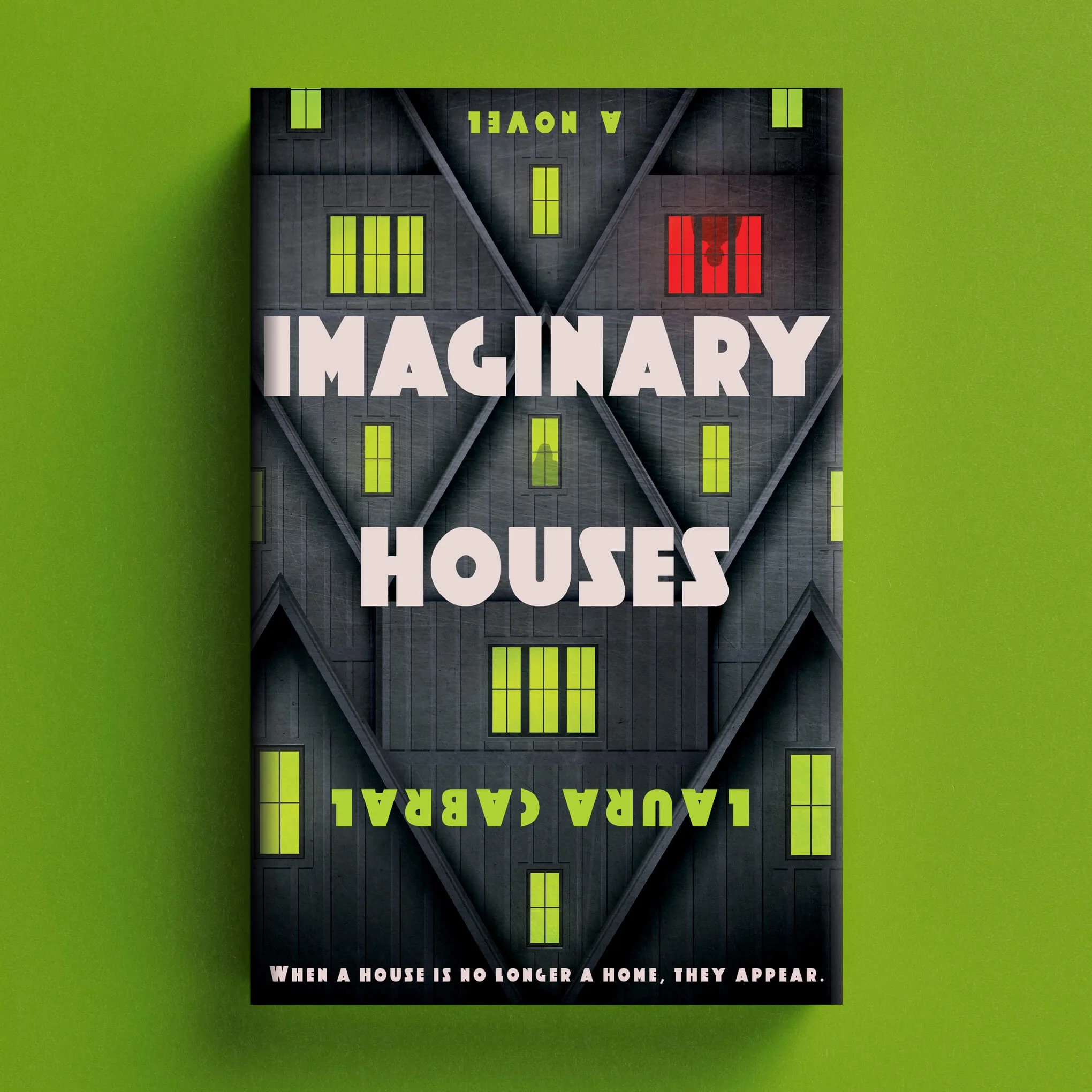 Cover for Imaginary Houses with mirrored dark houses and glowing green and red windows