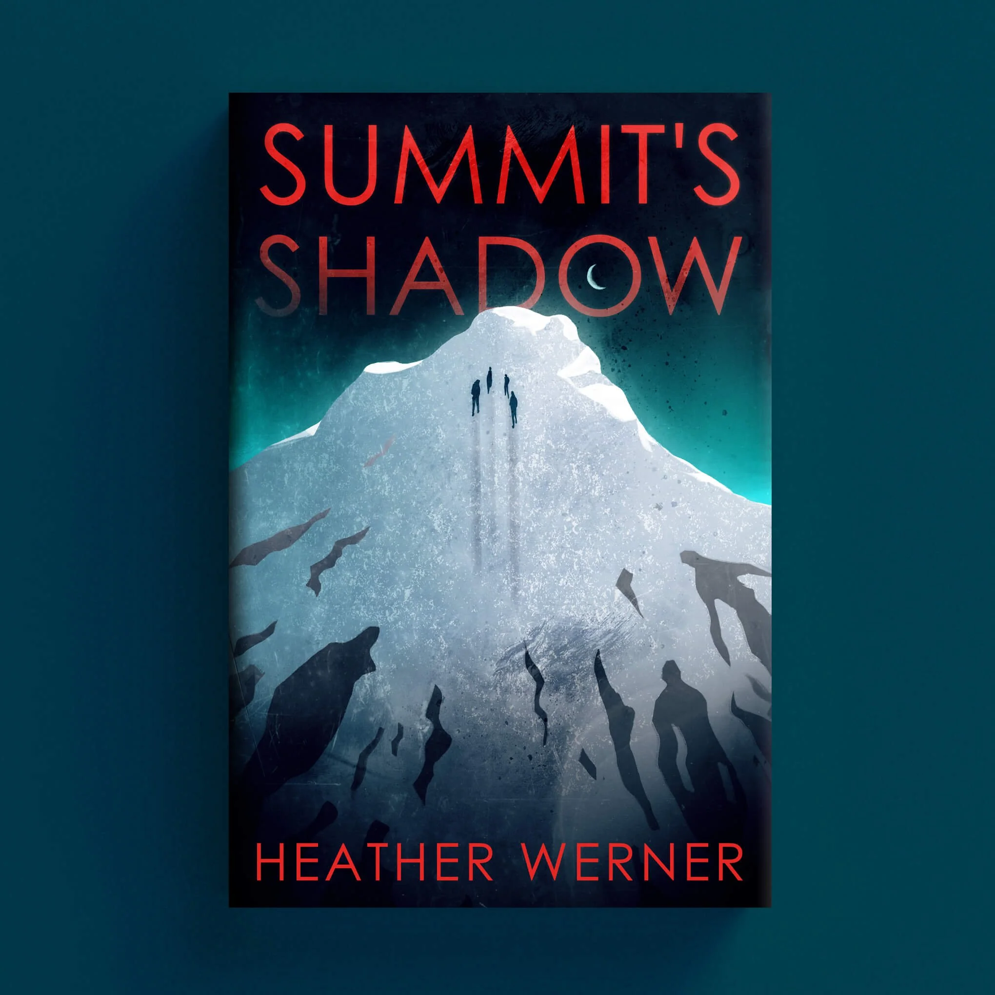 Cover for Summit's Shadow with three climbers on an icy mountain surrounded by shadowy figures