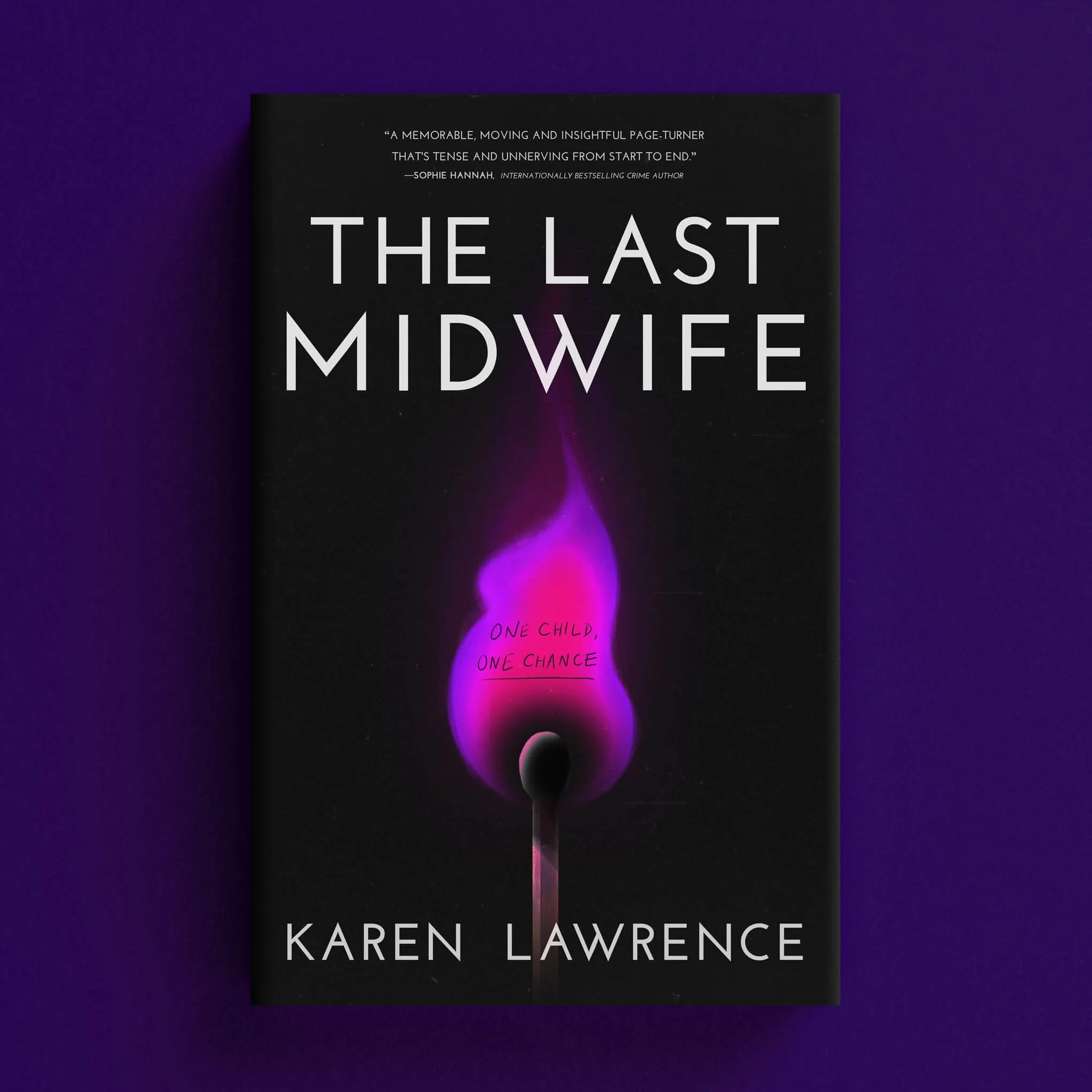 Cover for The Last Midwife with a single match burning with a purple-pink flame