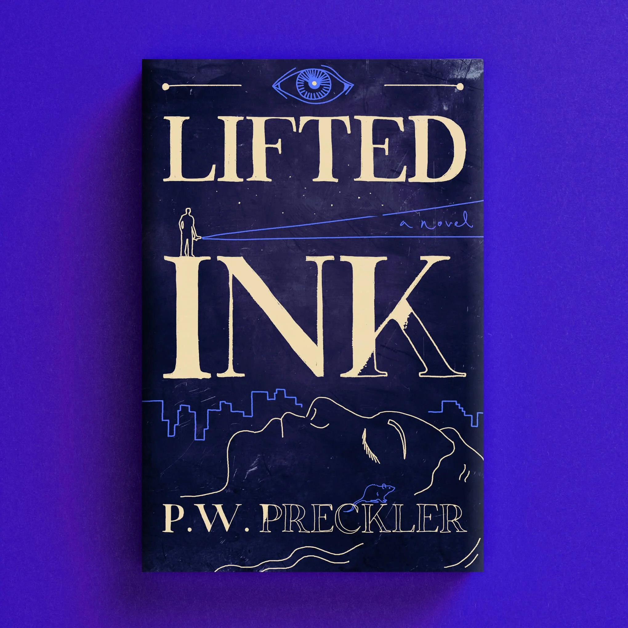 Cover for Lifted Ink with cream and blue line art of a figure and city skyline