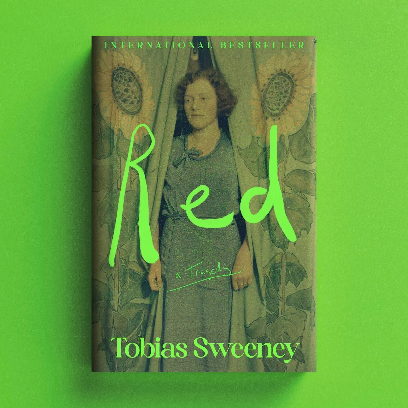 Cover for Red with a vintage photograph of a woman between curtains and neon green lettering