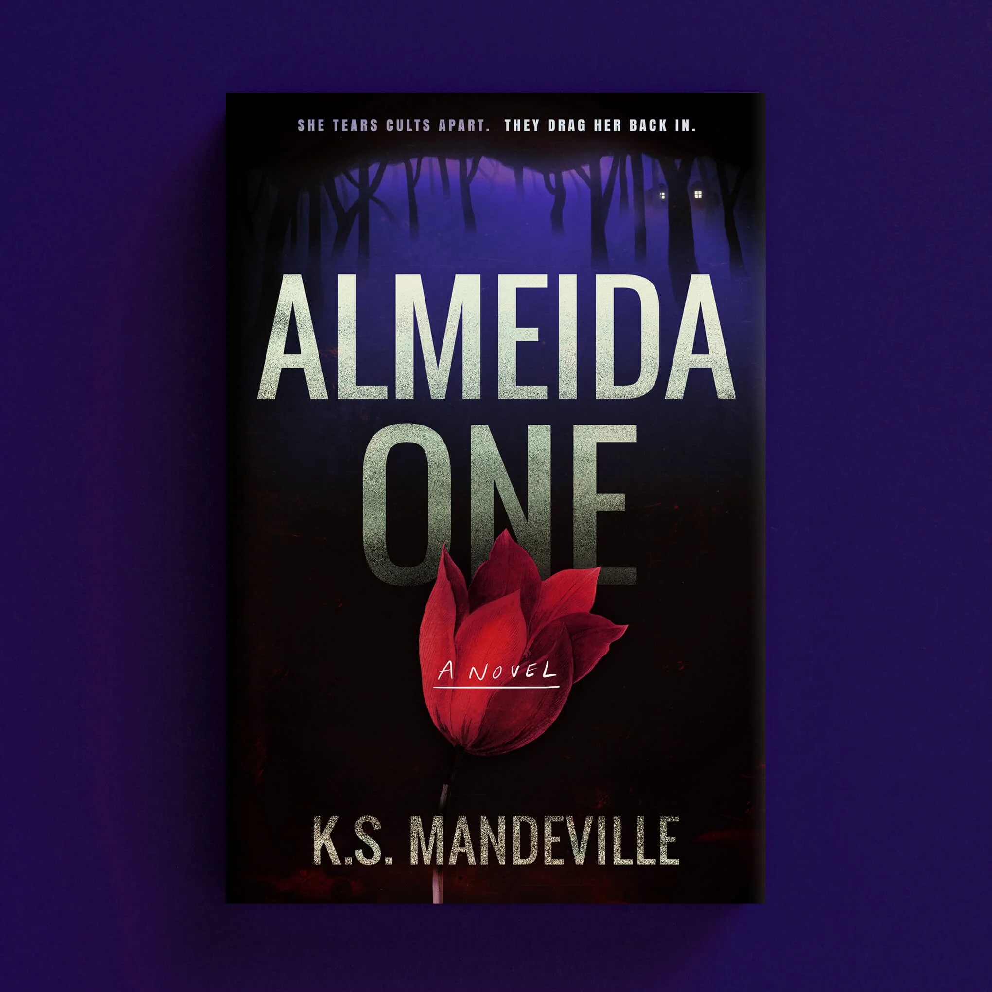 Cover for Almeida One with a red flower against a dark woodland scene