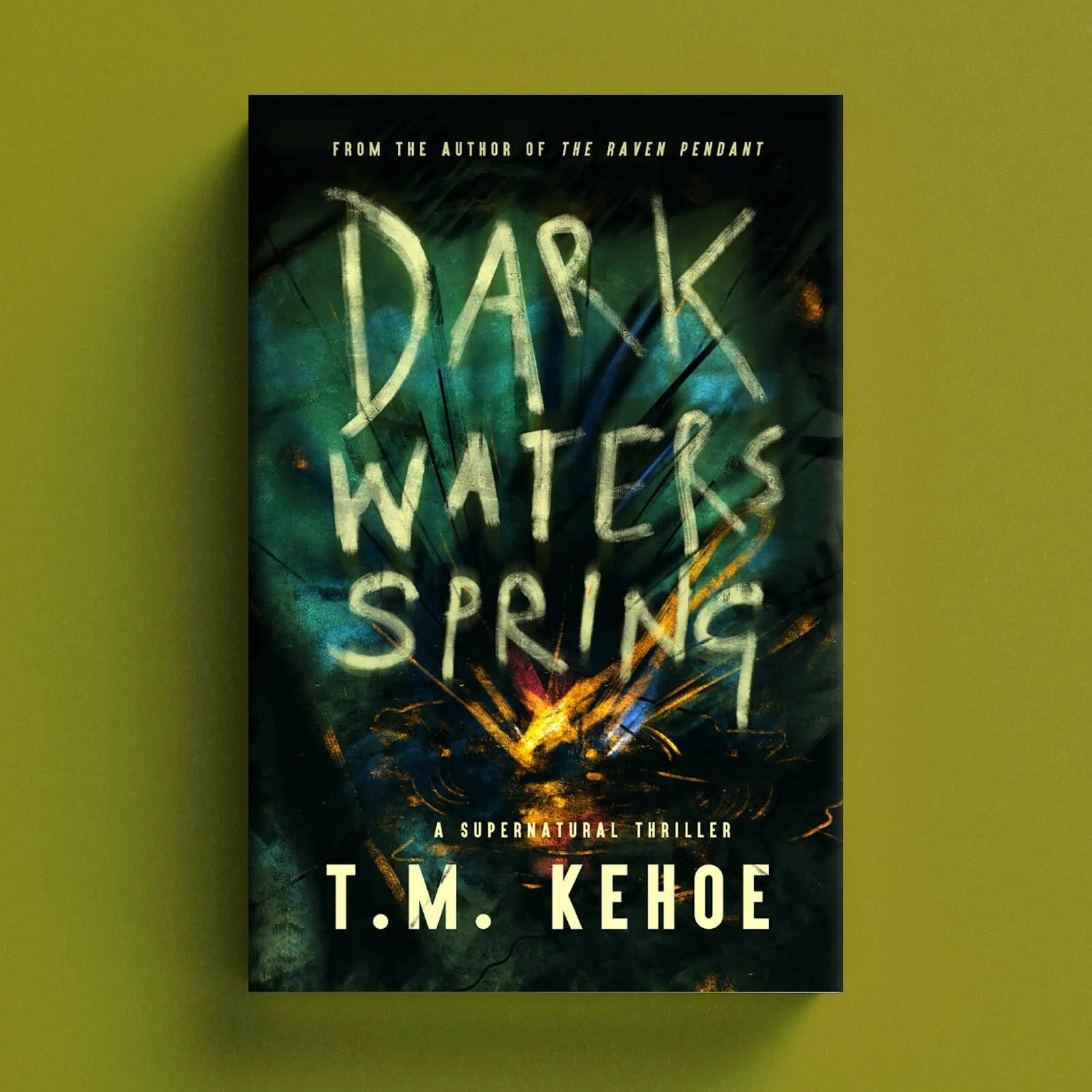 Cover for Dark Waters Spring with dark painterly artwork and rough hand-lettered typography