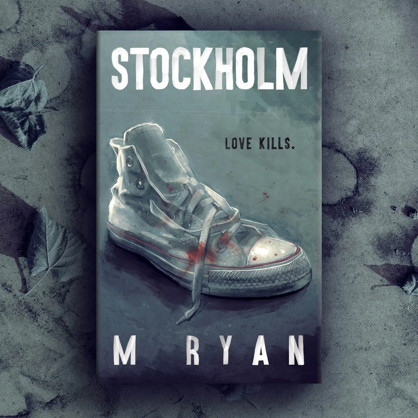 Cover for Stockholm featuring a worn sneaker marked with blood on a muted grey background