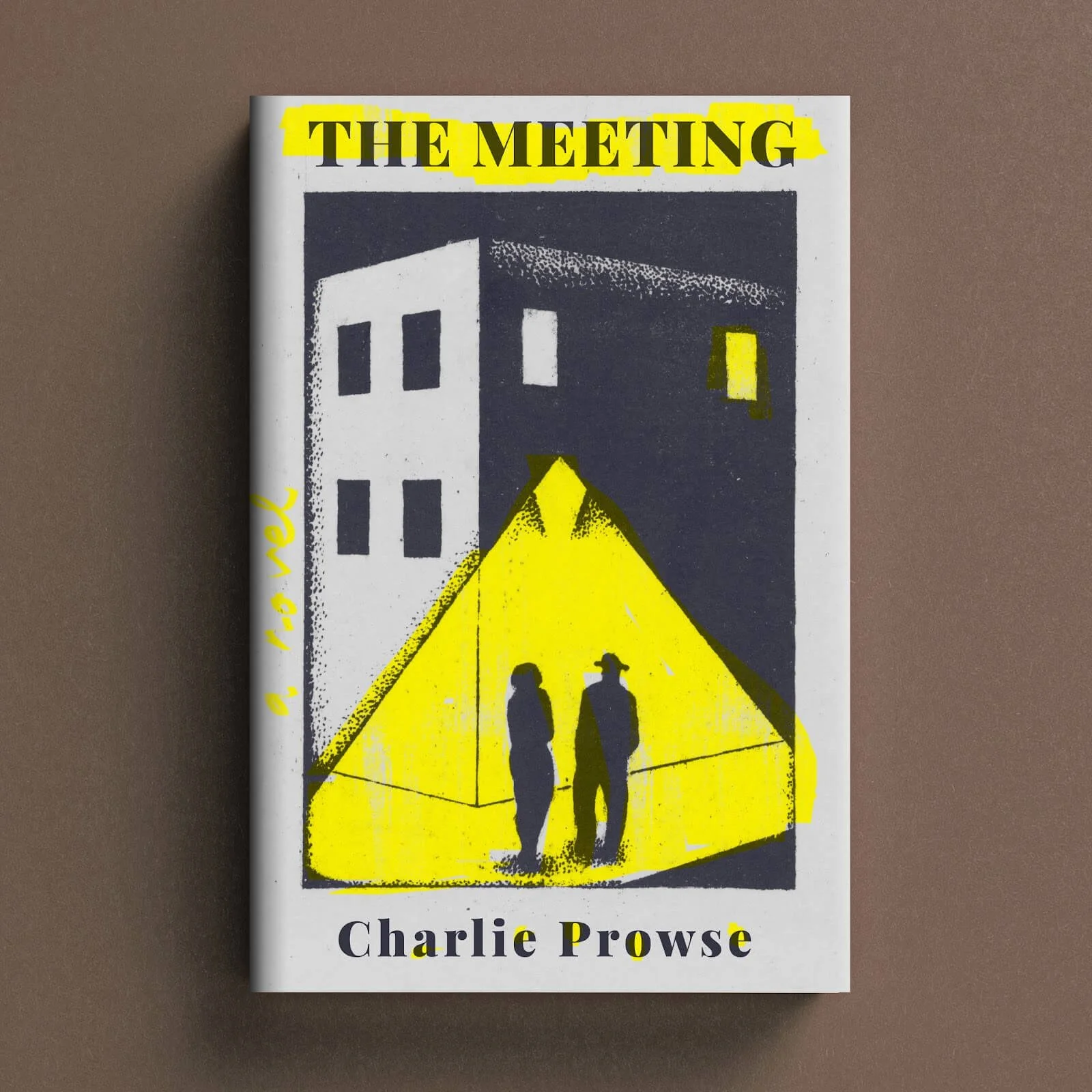 Cover for The Meeting with two silhouetted figures standing inside a triangular yellow light