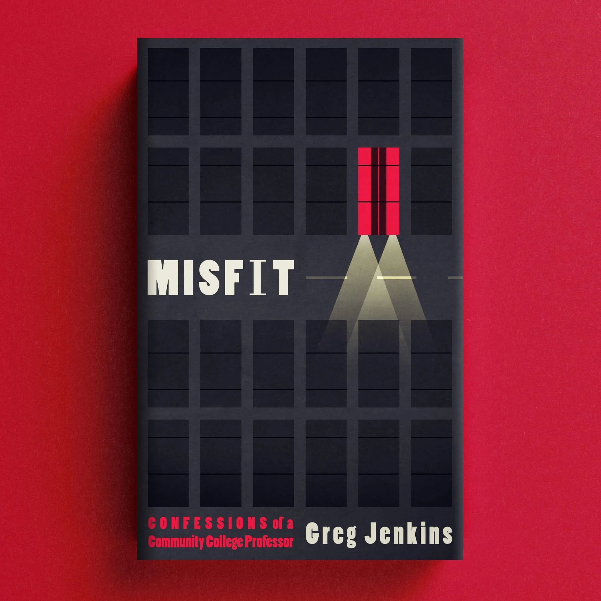 Cover for Misfit with a dark building facade and one red-lit window casting a beam of light
