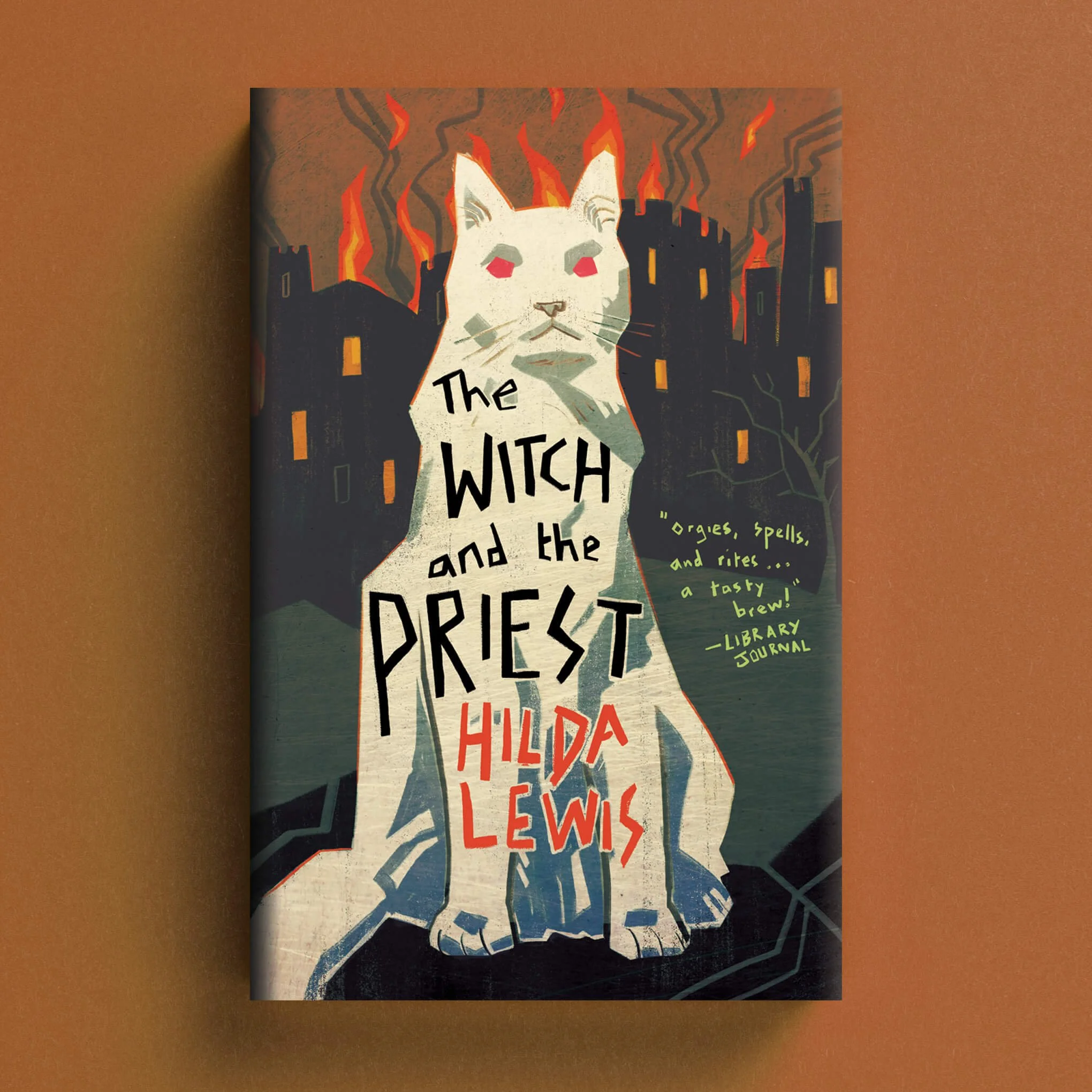 Cover for The Witch and the Priest with a large white cat before a burning city