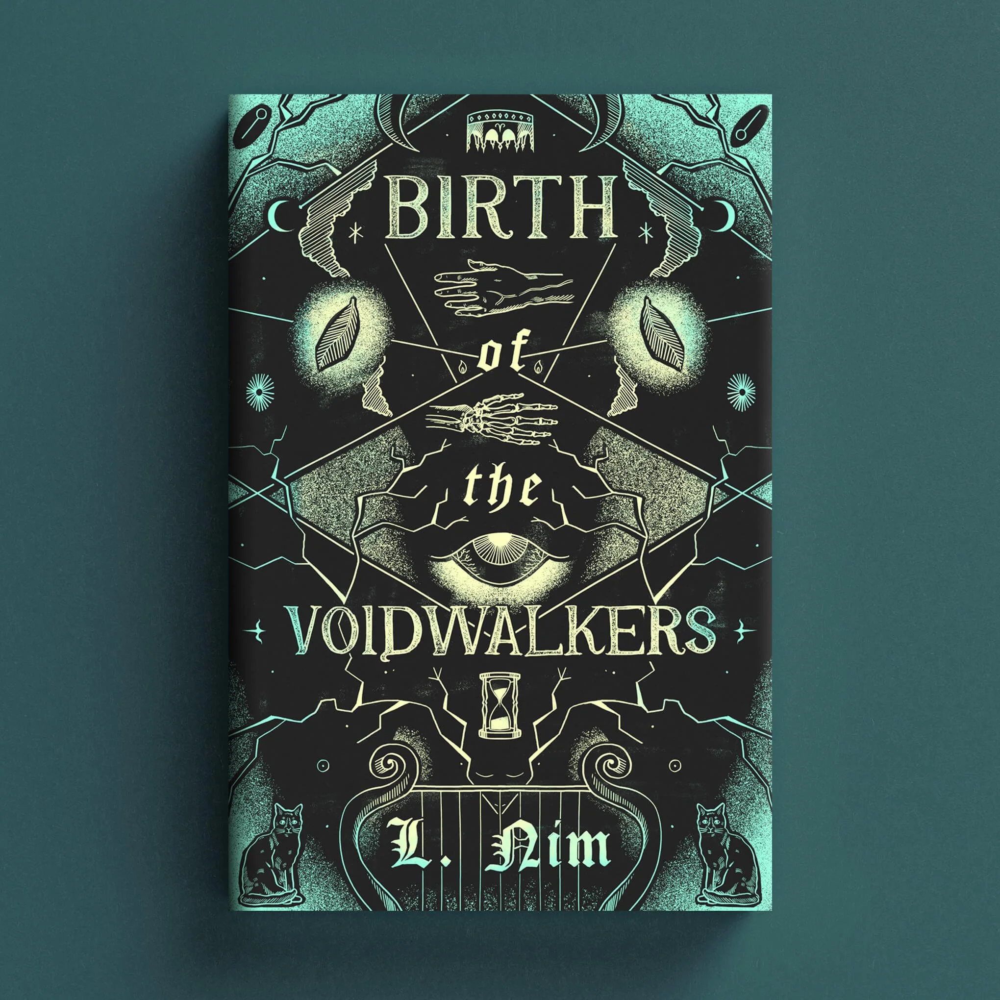 Cover for Birth of the Voidwalkers with symmetrical occult line art of hands, an eye, cats and hourglass