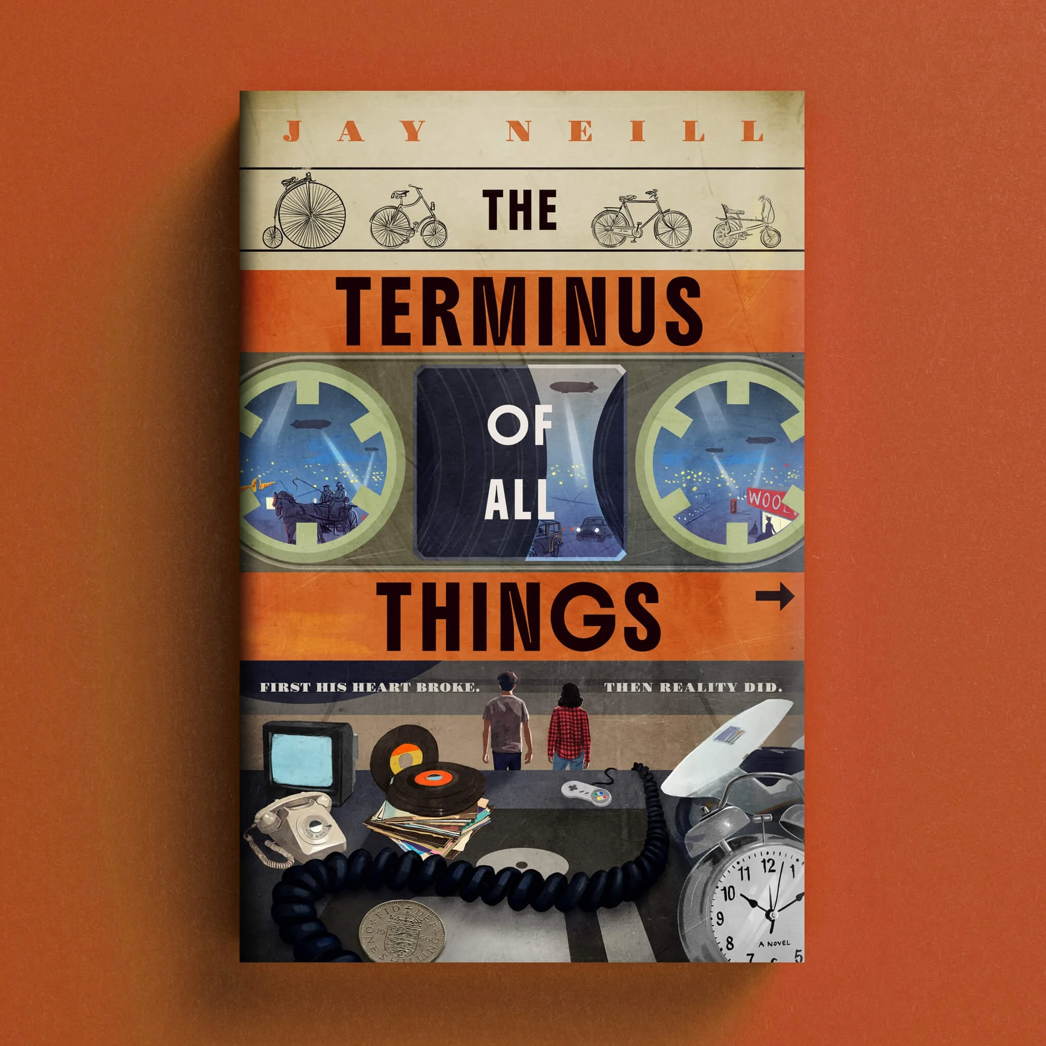 Cover for The Terminus of All Things with a retro collage of bicycles, records, telephone and alarm clock