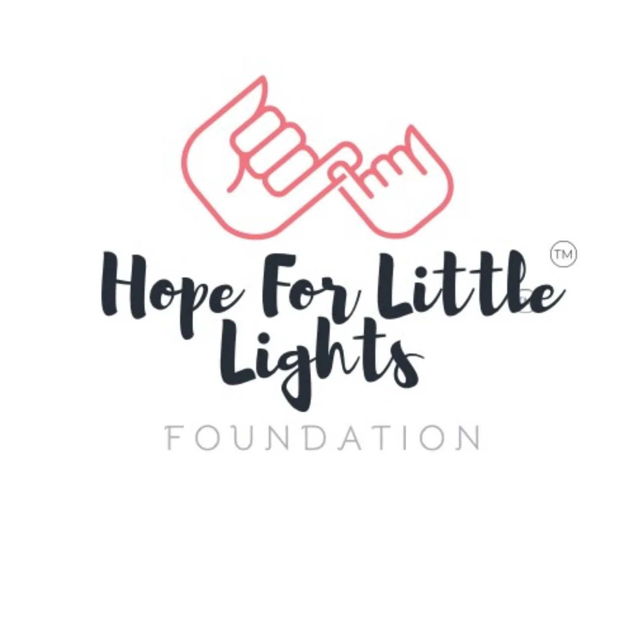 Logo of Hope For Little Lights Foundation featuring two red outlined hands making a pinky promise with the words "Hope For Little Lights Foundation" in black and gray text.
