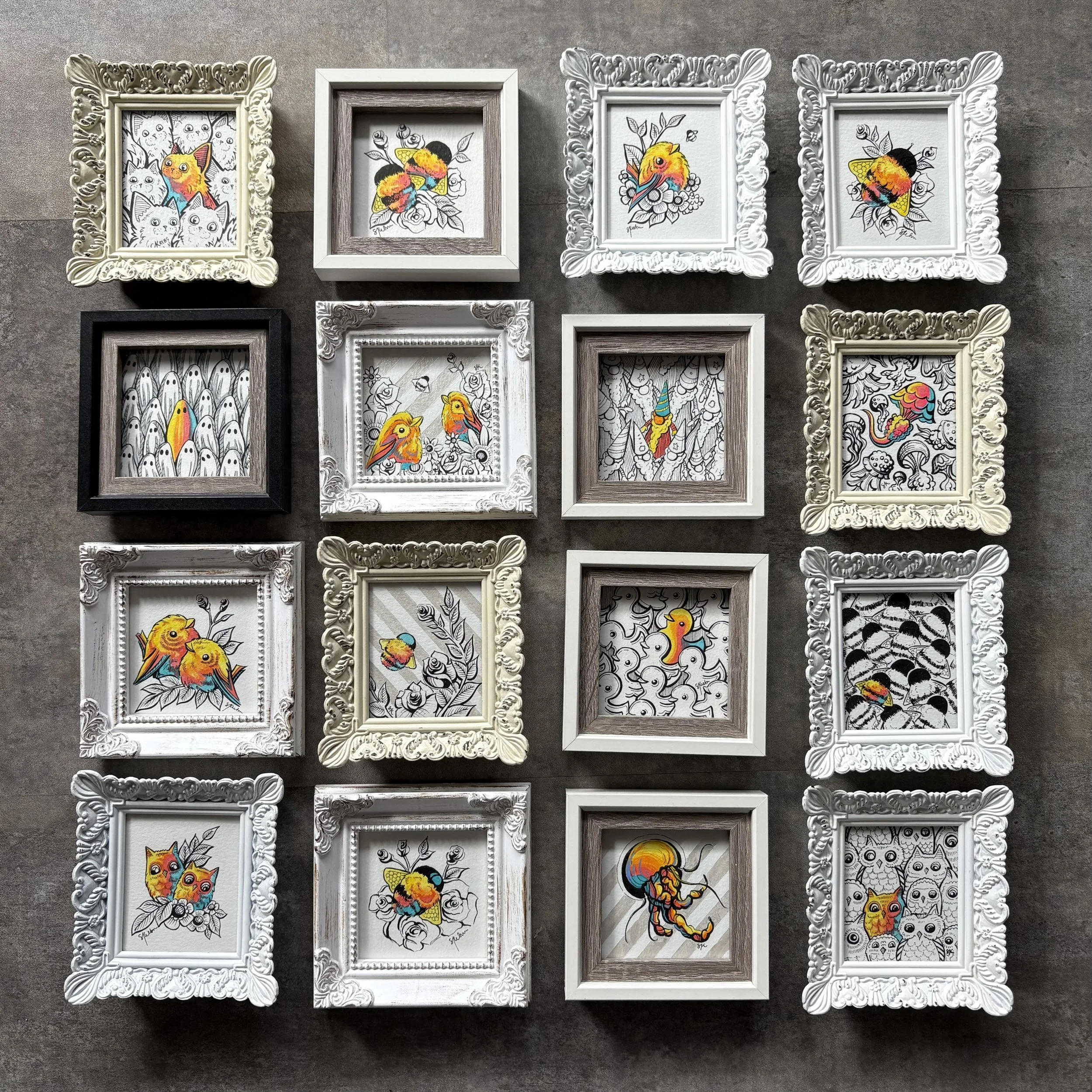 Various mini's - all roughly 2"-3" - India ink, Acrylic & Micron pen on paper