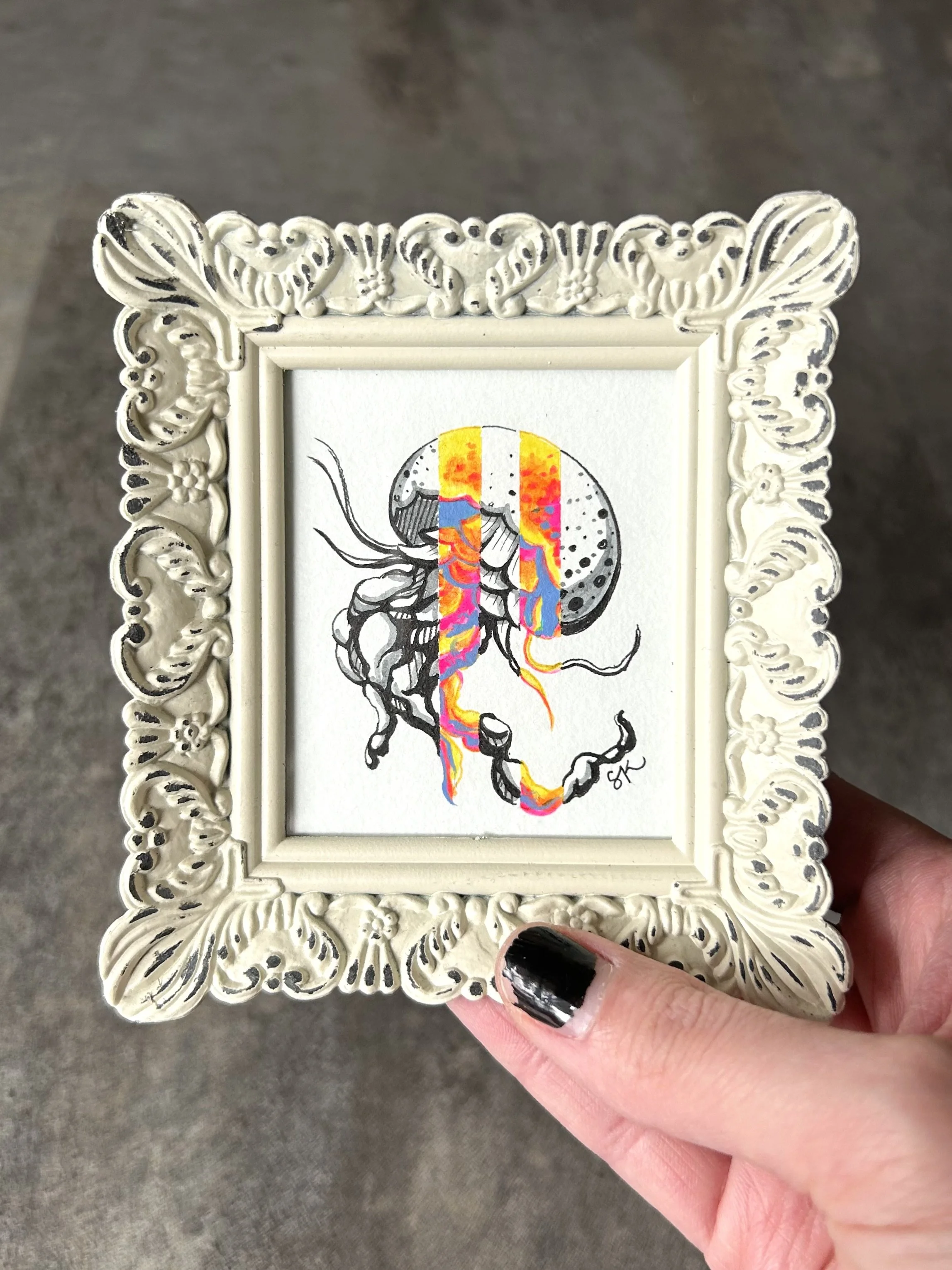 2"x3" approx. - India ink, Acrylic, & Micron pen on paper