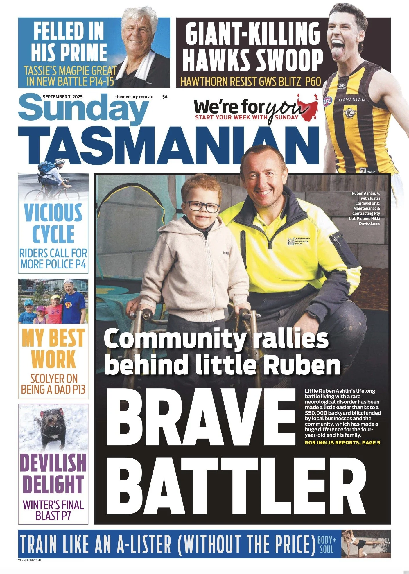 Front page of the Sunday Tasmanian newspaper featuring a large photo of a young boy in a wheelchair, Ruben Ashlin, smiling with an adult. Other images include a female athlete, a man and children in outdoor gear, a dog, and a woman doing yoga.