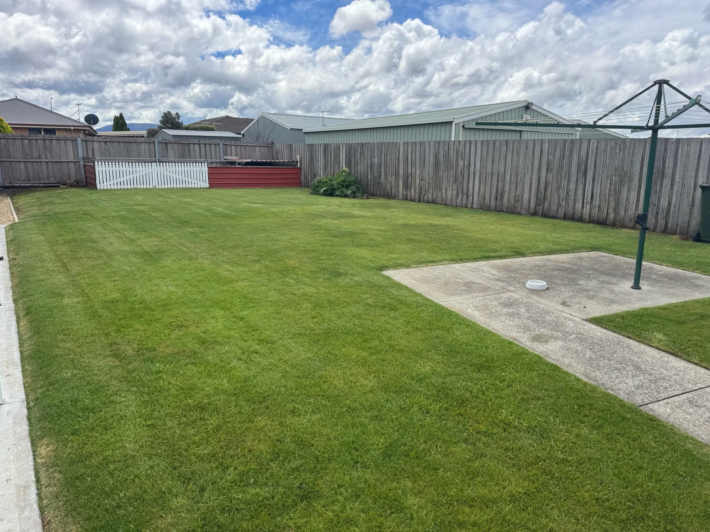 A backyard with a green grassy lawn, wooden privacy fence, a concrete patio with a rotary clothesline, and a cloudy sky.