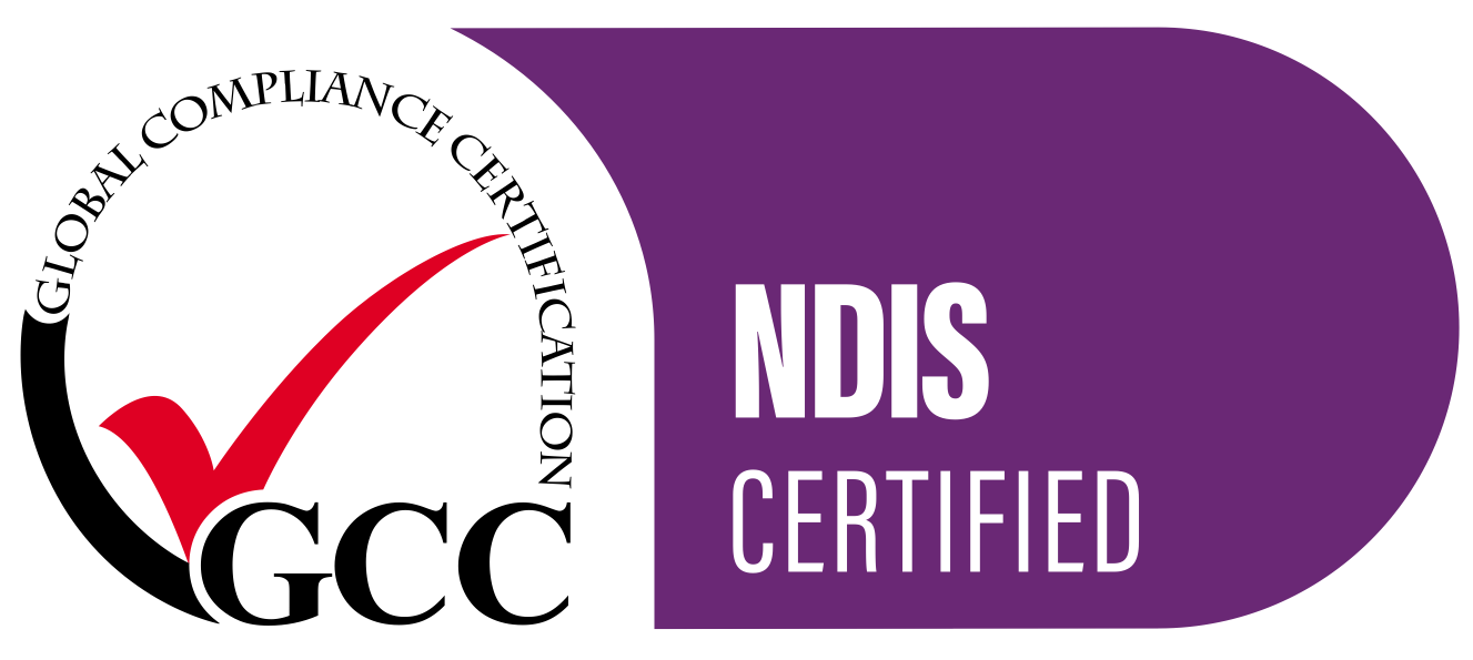 NDIS Certified logo with a purple background and a red checkmark.