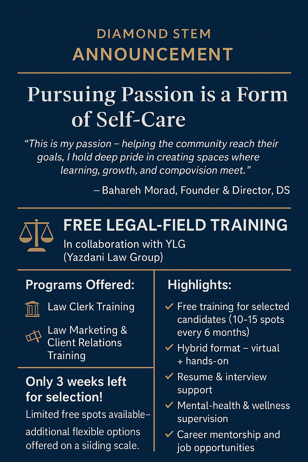 A poster advertising free legal field training in collaboration with YLG and Yazdani Law Group. Features a quote from Bahareh Morad about passion and self-care, and details about the program including law clerk training, law marketing, interview support, and wellness supervision, highlighting limited spots and flexible options.