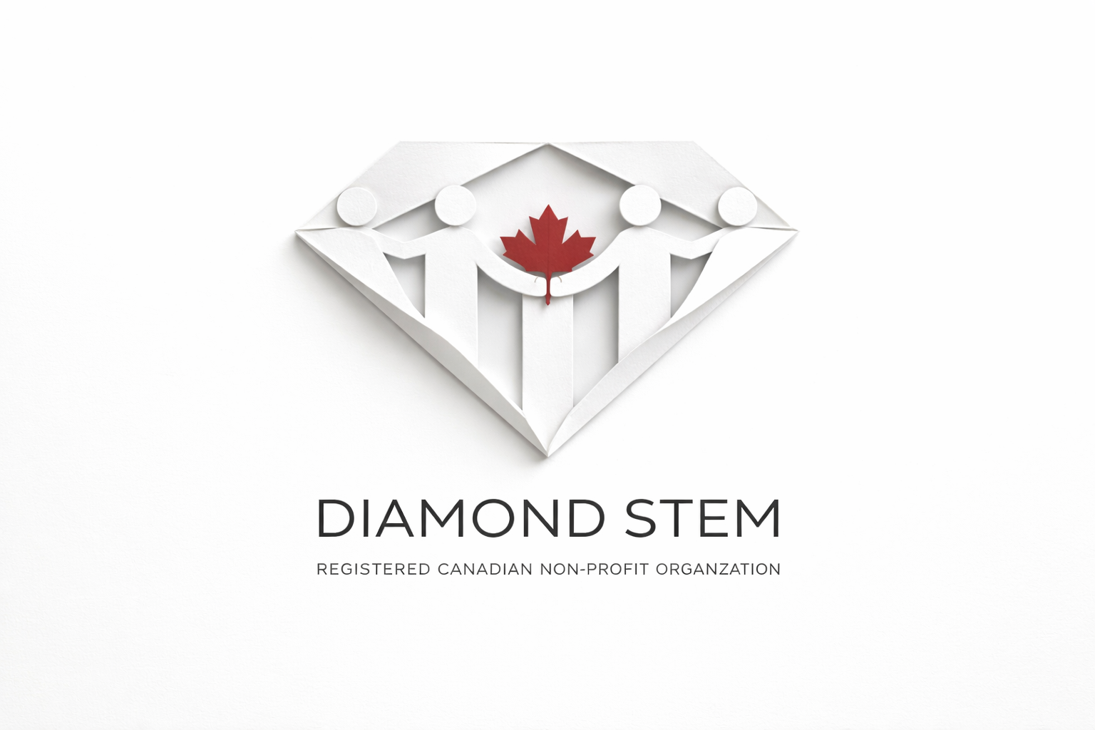 A white paper craft of a diamond-shaped emblem with three connected human figures holding hands, centered around a red maple leaf, with the text 'Diamond Stem' and 'Registered Canadian Non-Profit Organization' beneath.