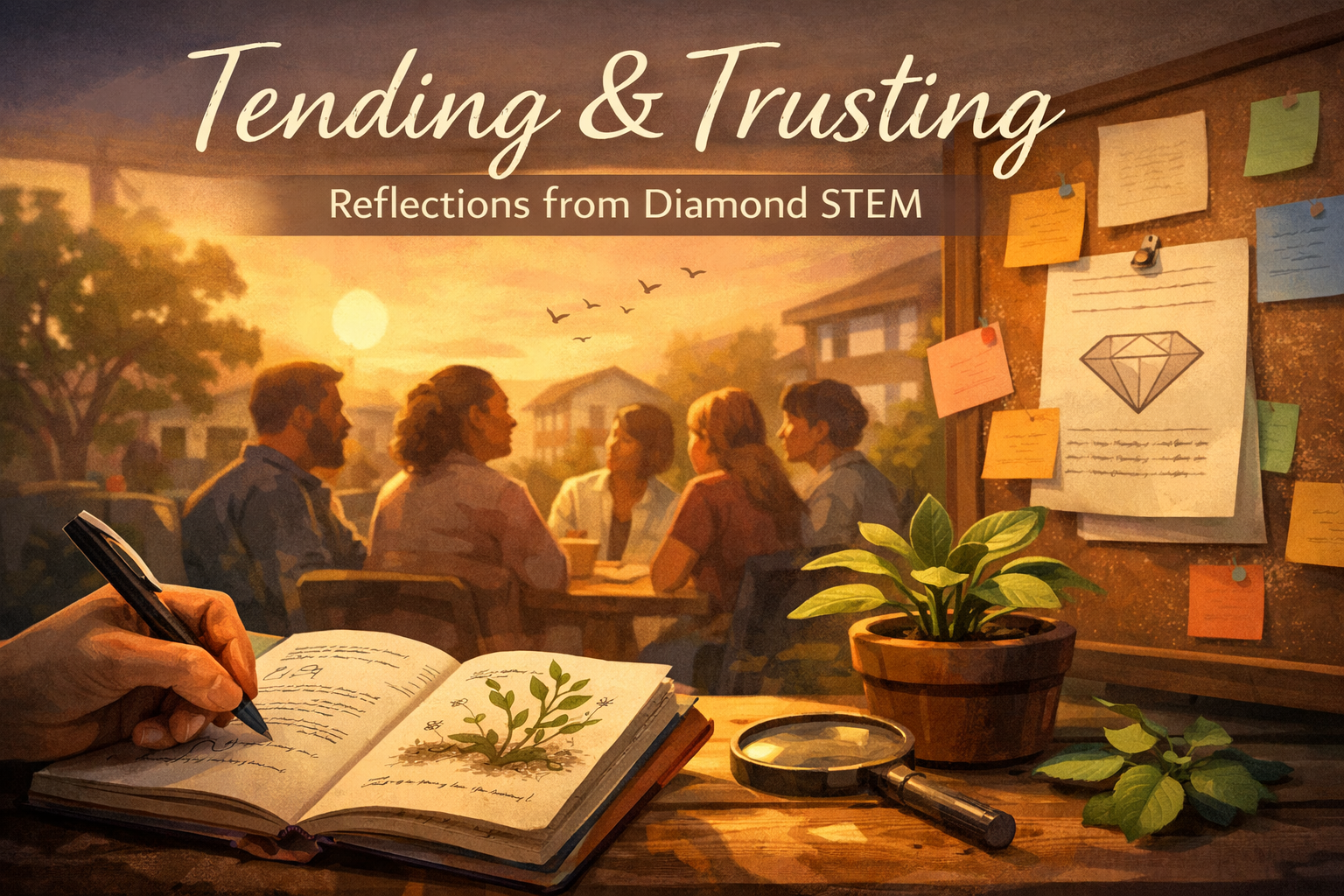 An illustration of five people sitting around a table outdoors during sunset, with a front desk featuring a potted plant, an open notebook showing a drawing of a diamond, a magnifying glass, and a hand writing in the notebook. The background has a bulletin board with colorful notes and papers, and a sky with flying birds. The overlay text reads 'Tending & Trusting' and 'Reflections from Diamond STEM'.