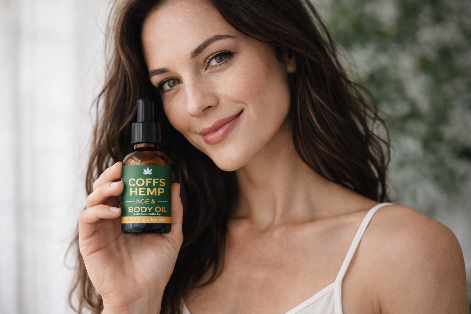 Woman applying Coffs Hemp face oil using dropper for hydrated, natural skincare in Coffs Harbour NSW Australia
