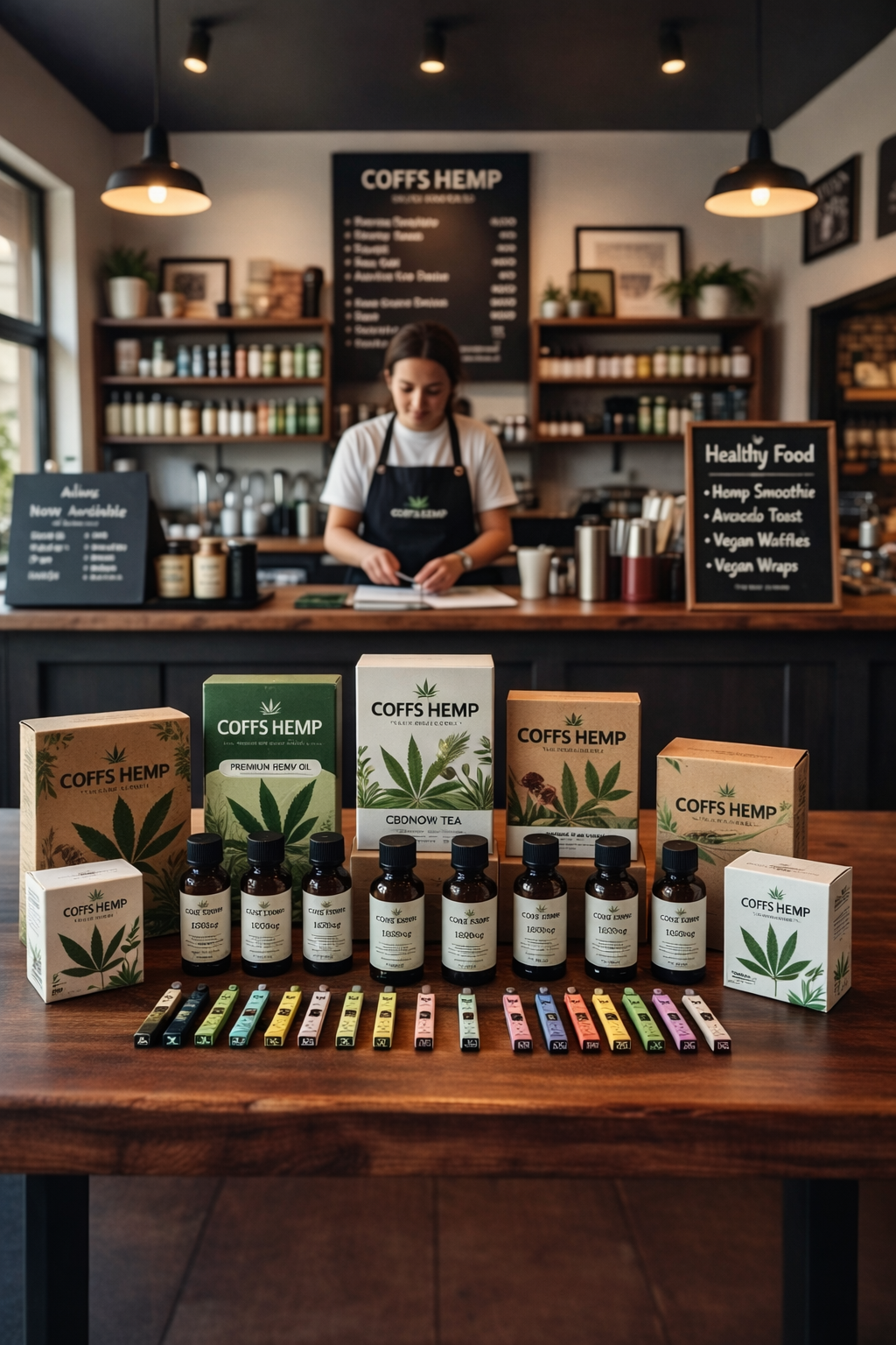 Coffs Hemp skincare and hemp oil products displayed in-store at Coffs Harbour NSW retail space with natural wellness and plant-based products