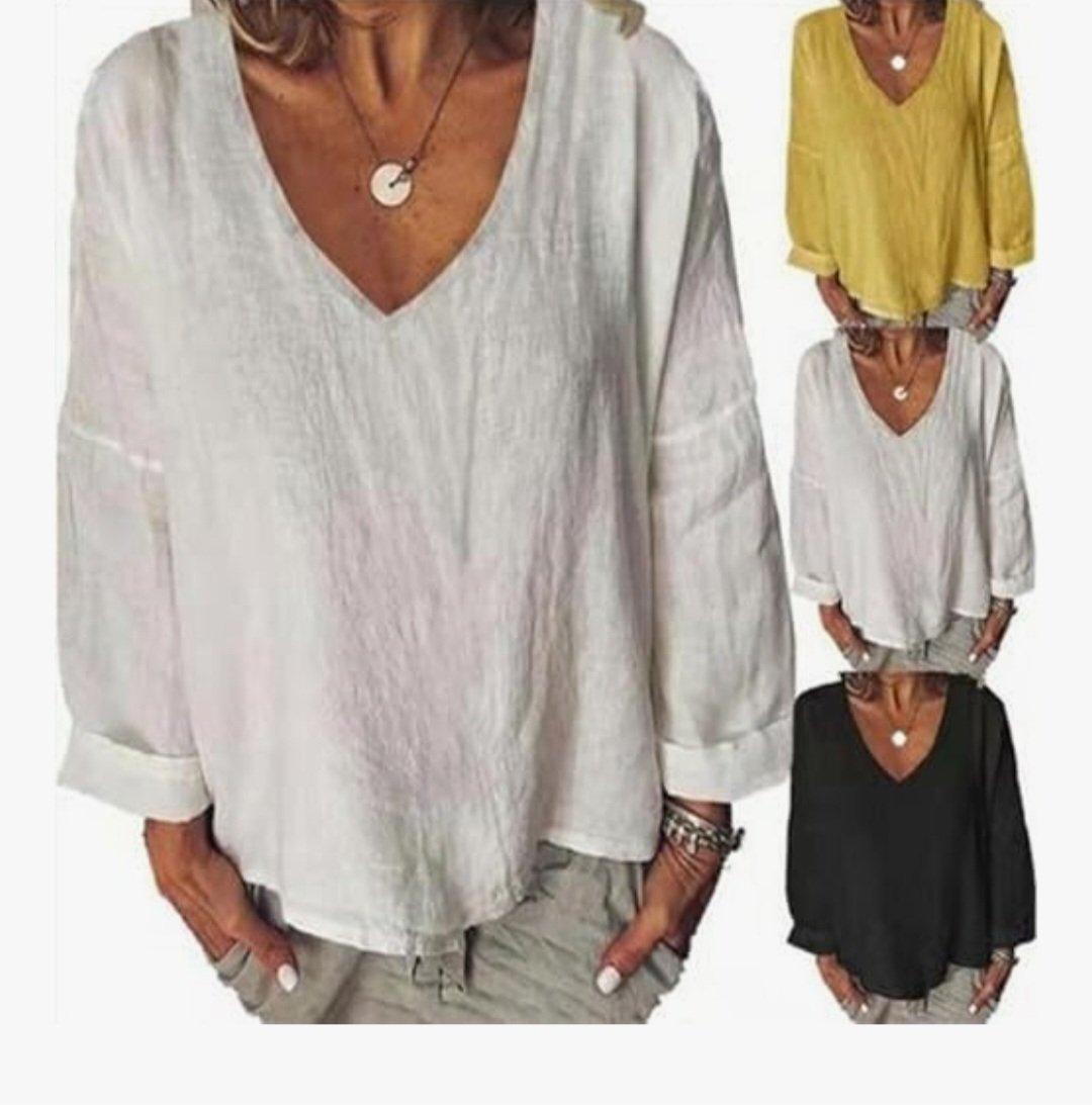Women's Bohemian V-Neck Long Sleeve Hemp Blouse (Slip-On Style)