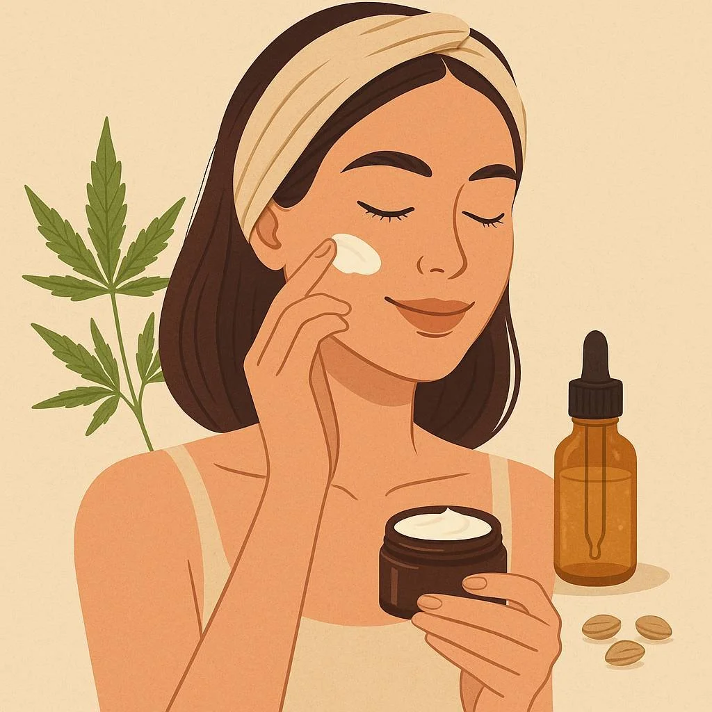 Woman applying natural hemp facial oil with dropper beside Coffs Hemp skincare products, promoting botanical hydration, healthy glowing skin, self-care, and plant-based wellness.
