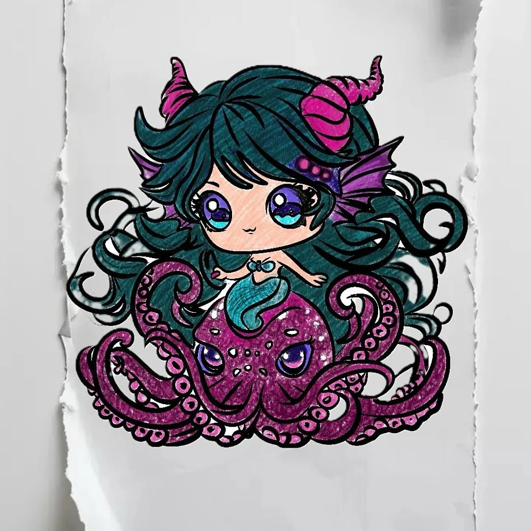 Me encanta hacer este tipo de cosas kawaii! 
Est&aacute; disponible para tatu&aacute;rtela. 🧜🏻&zwj;♀️🧜🏻&zwj;♀️🧜🏻&zwj;♀️
Con o sin Color 🐙
#mermaid #kawaiiaesthetic #sirenakawaii